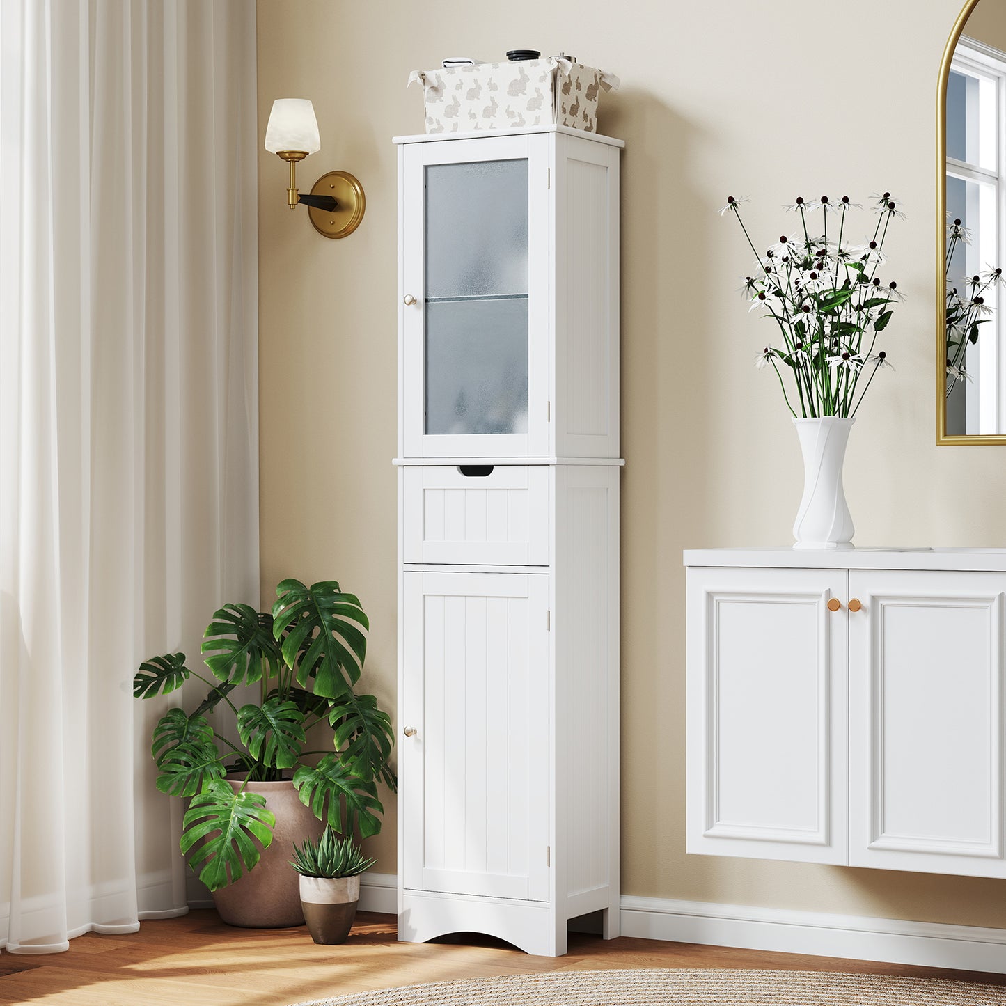 COSTWAY Tall Bathroom Cabinet With Glass Door And Adjustable Shelves