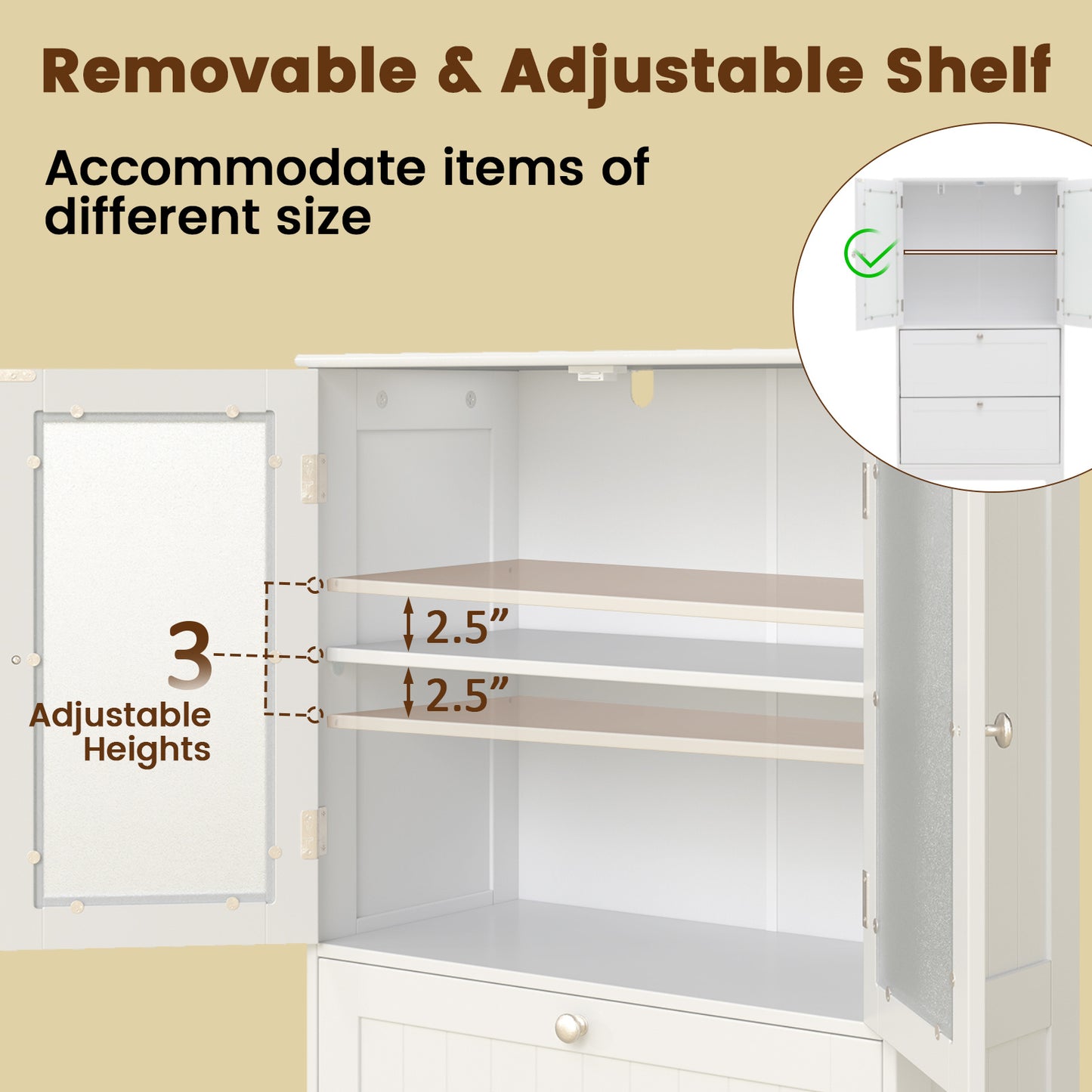 Modern White Floor Cabinet With 2 Frosted Glass Doors And 2 Drawers