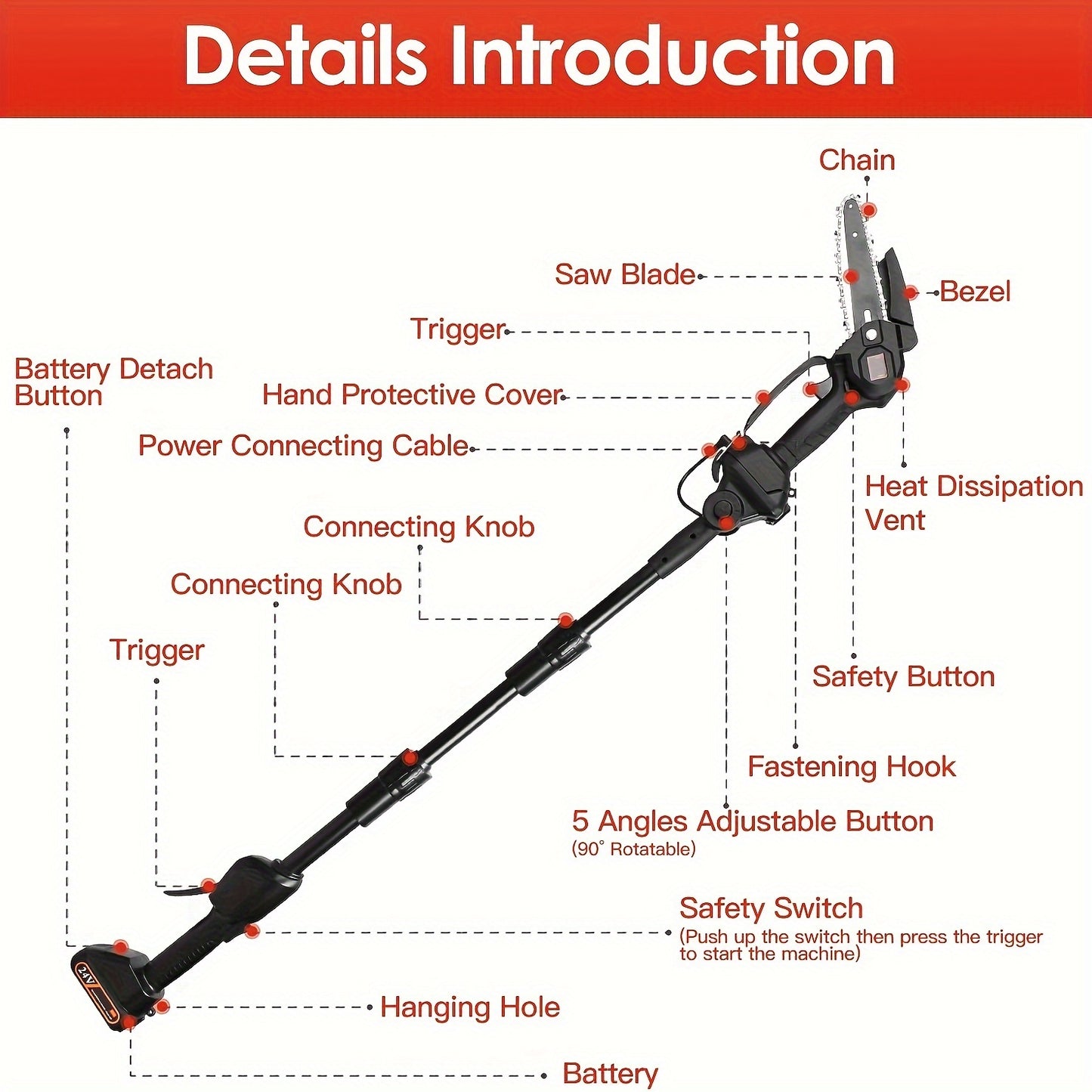 13ft Reach Cordless Pole Saw, 2-in-1 Battery Powered Tree Trimming - Retractable And Foldable Electric Pole Chainsaw - With 2 Chains, 2 Batteries, 3 Extension Rod, 2Pcs 1500mAh Batteries 4in/6in Chains