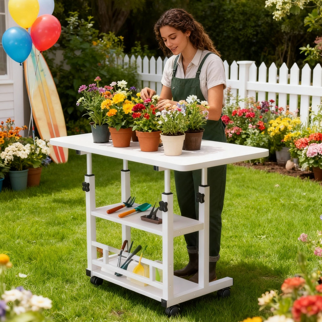 Sturdy Adjustable Height Garden Workbench With Lockable Wheels Metal Frame