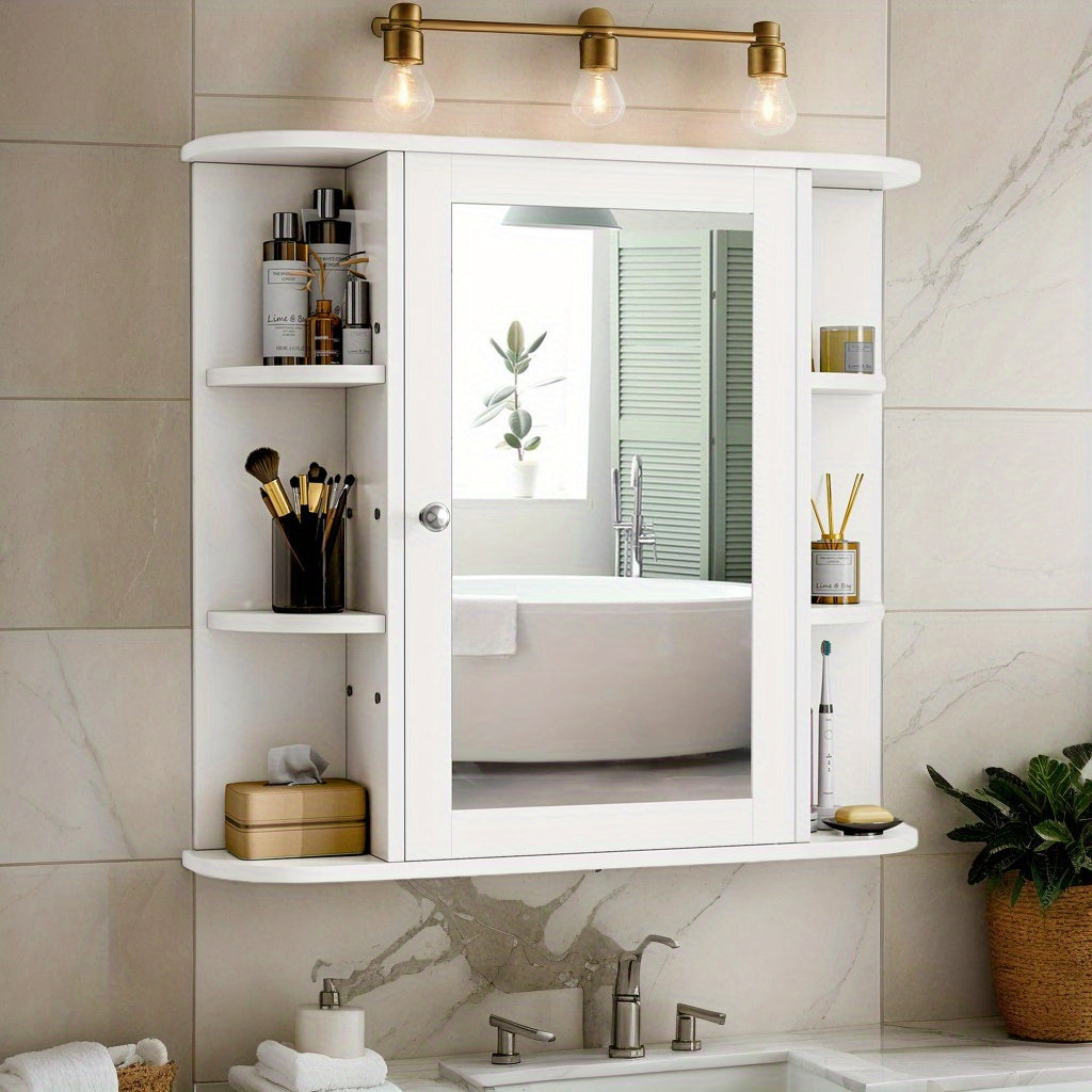 White Bathroom Wall Mount Medicine Cabinet With Mirror And Six Side Open Shelves
