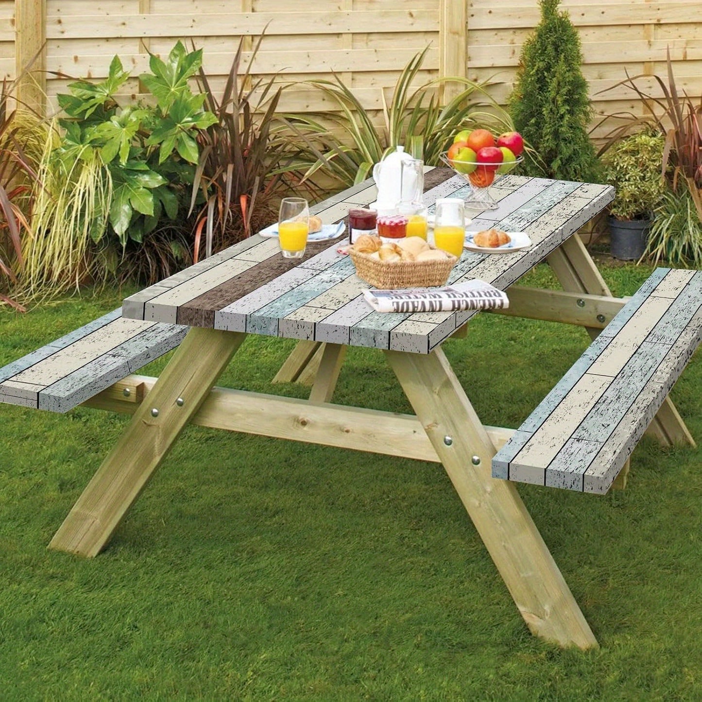 [3pcs Picnic Table Covers] 3pcs Elastic Fit Rectangular Polyester Picnic Table Covers | Blue, White, and Gray Tablecloths for Outdoor Camping and Farmhouse Style | Durable Tablecloth, Outdoor Dining Cover