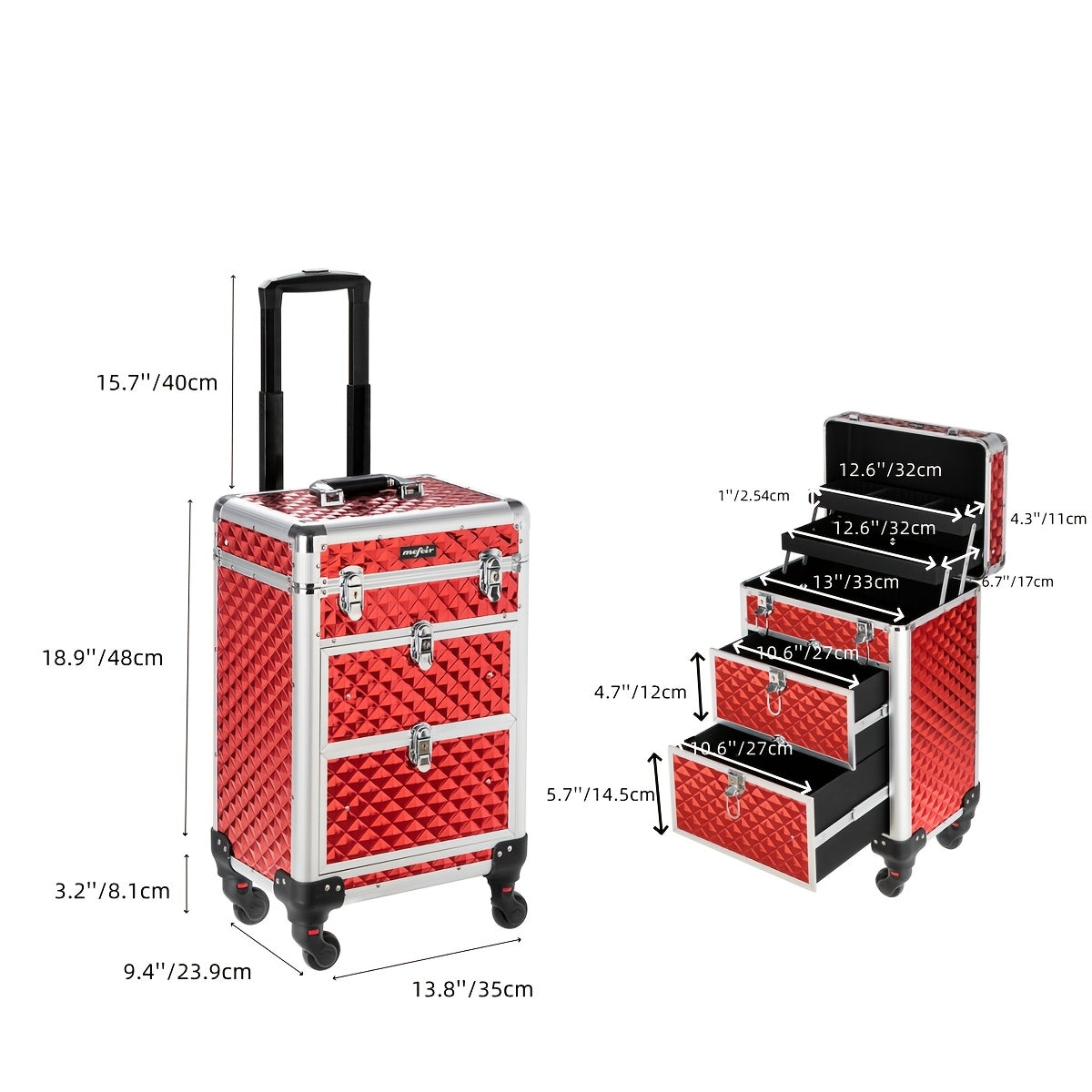 OMYSALON Aluminum Rolling Makeup Train Case Lockable 4 Wheels And 2 Drawers