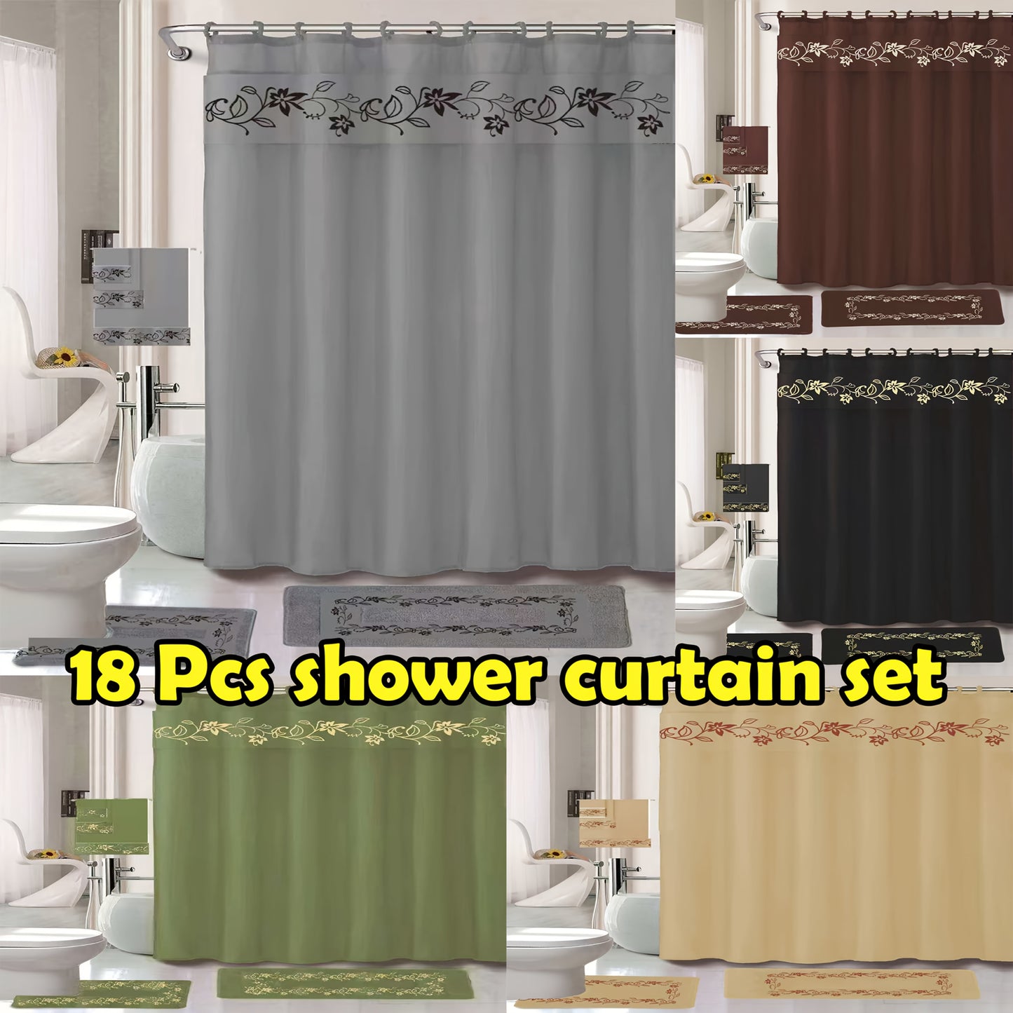 Shower Curtain Set With Embroidery And Non Slip Bath Rug Mats 3 Piece Towel Set