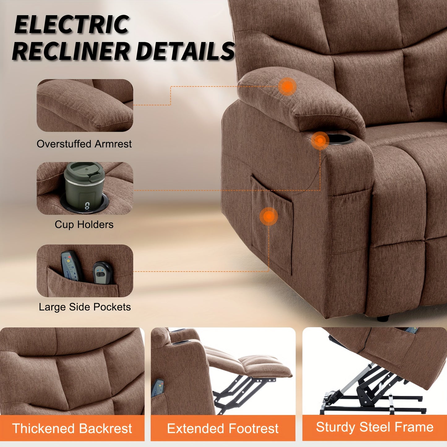 Korser, Electric Recliner with Massage And Heating Function, Lifting Electric Recliner with Remote Control And Cup Holder In The Living Room, Linen Material, Gifts for The Elderly, Holiday Gifts, Suitable for Living Room And