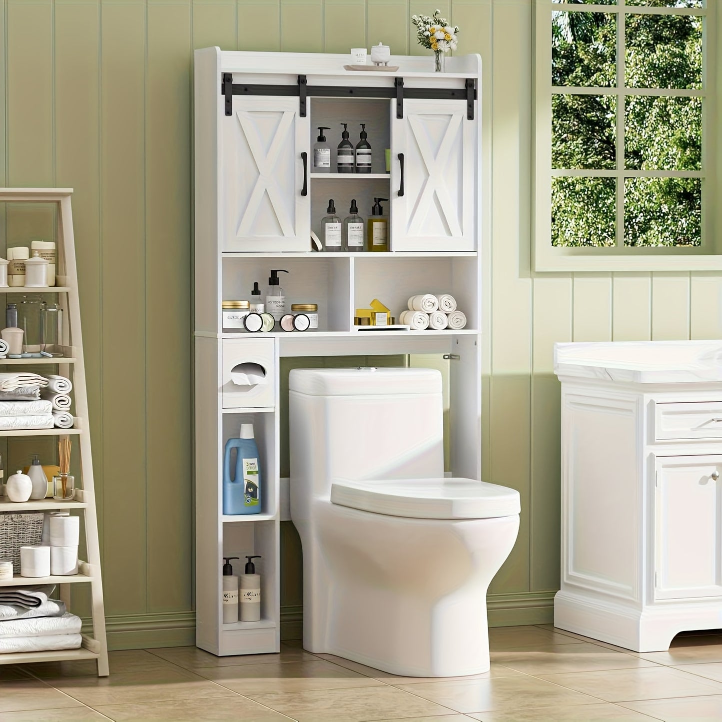 Farmhouse Over Toilet Cabinet With Sliding Doors Particle Board Mount BEFRASES