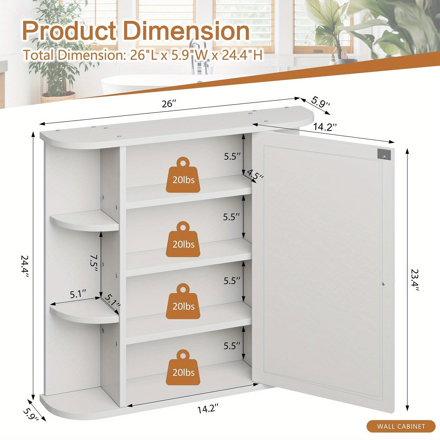 White Bathroom Wall Mount Medicine Cabinet With Mirror And Six Side Open Shelves