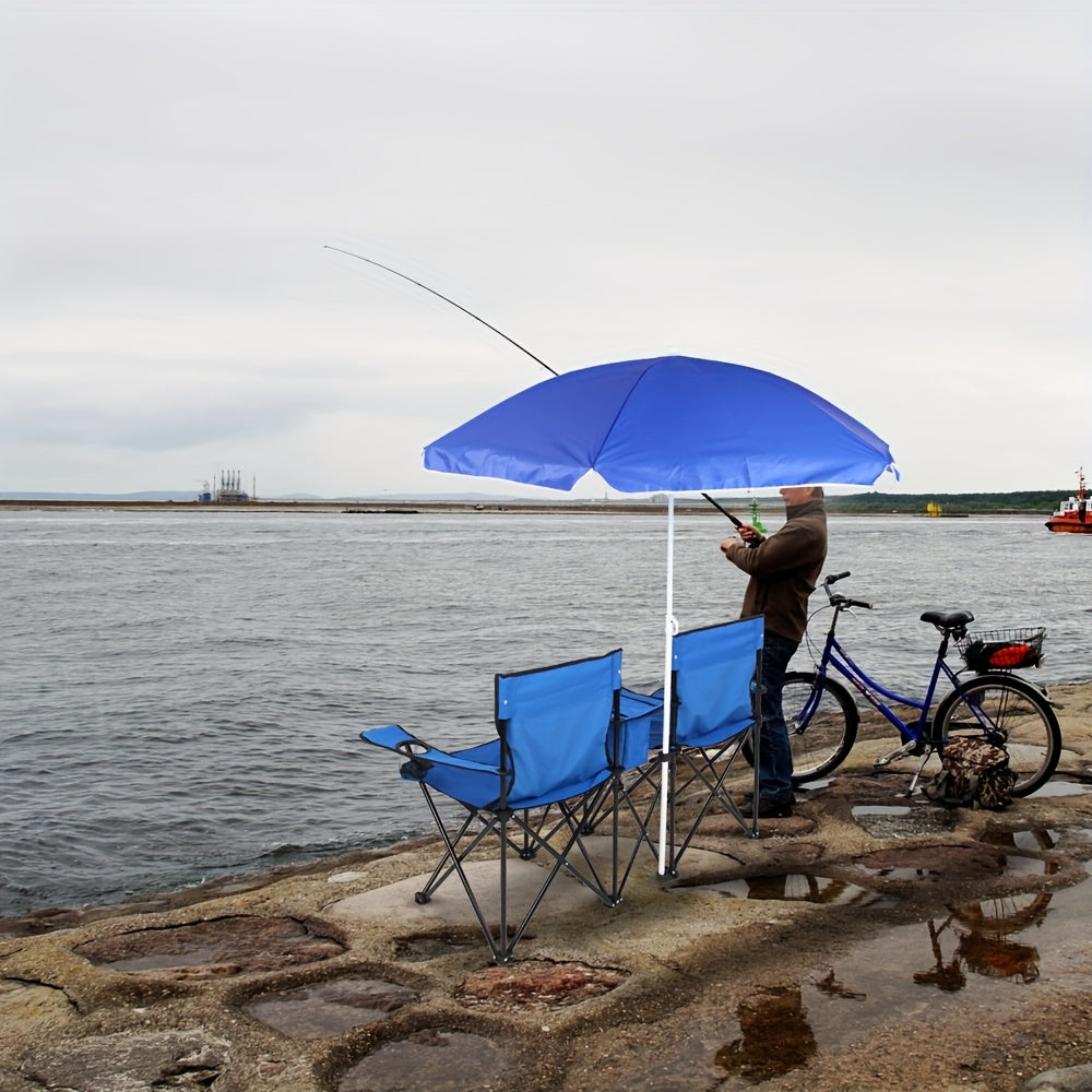 Outdoor Folding Chair 2 Seat Portable With Removable Sun Umbrella Blue