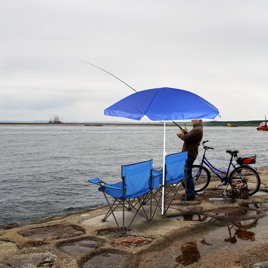 Outdoor Folding Chair 2 Seat Portable With Removable Sun Umbrella Blue