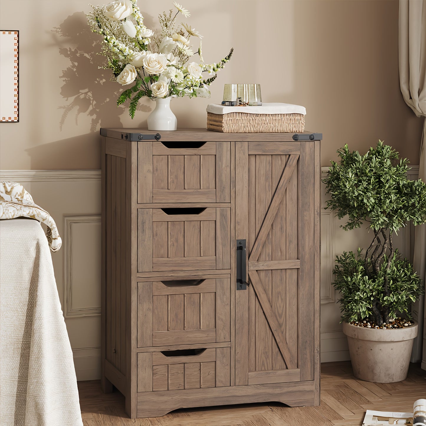White Freestanding Rustic Slim Bathroom Storage Cabinet With 4 Drawers And Door