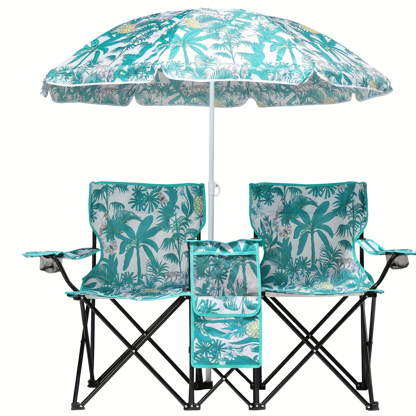 Outdoor Folding Chair 2 Seat Portable With Removable Sun Umbrella Blue