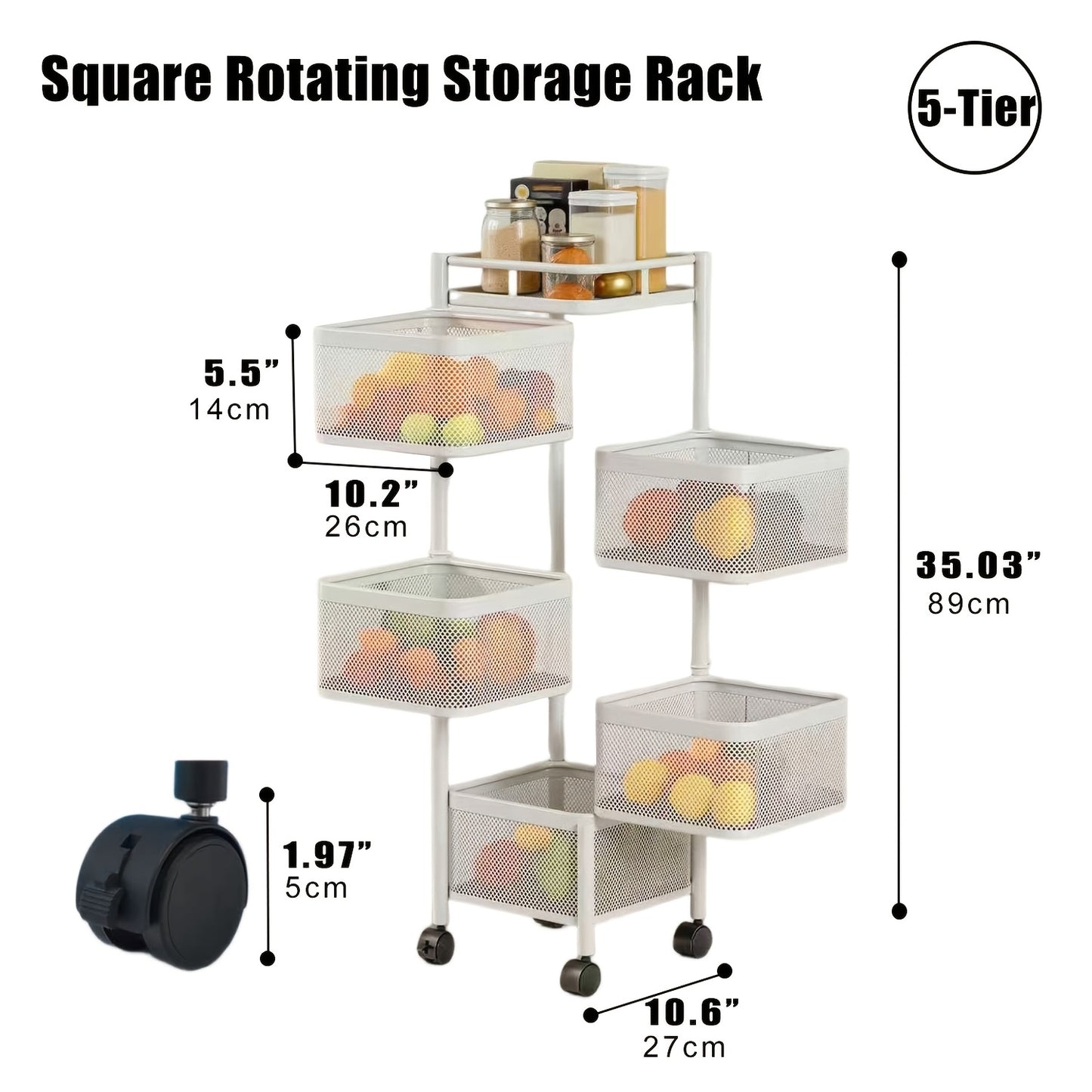 5 Tier Rotating Storage Shelf With Rolling Baskets Metal Mobile Bookcase Office