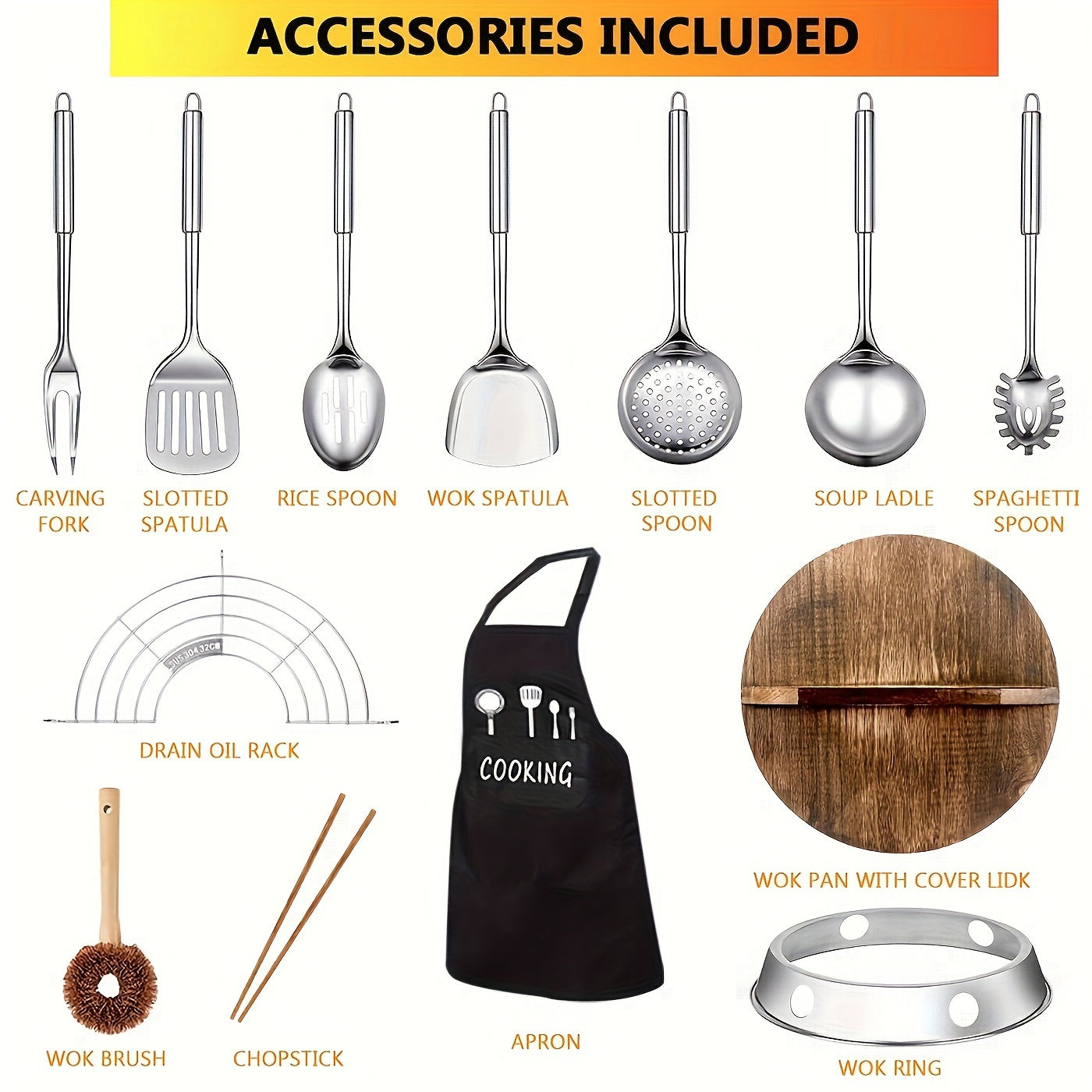 [Nonstick Wok With Lid] 1set Nonstick Wok With Lid - Heat-resistant Cooking Surface, Versatile For All Stovetops - Includes Cookware Accessories