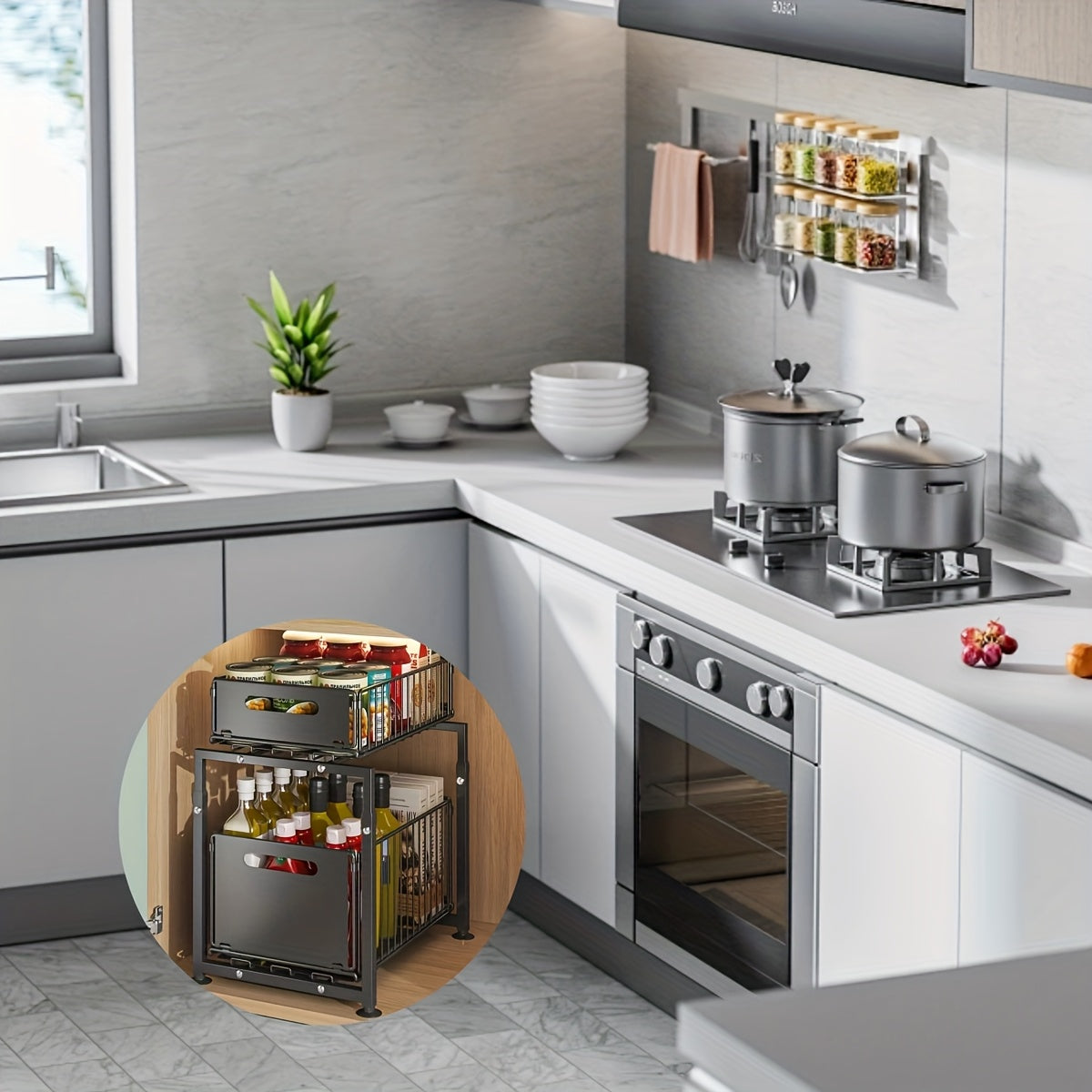 Two Level Pull Out Under Sink Organizer Carbon Steel For Kitchen Bath Storage