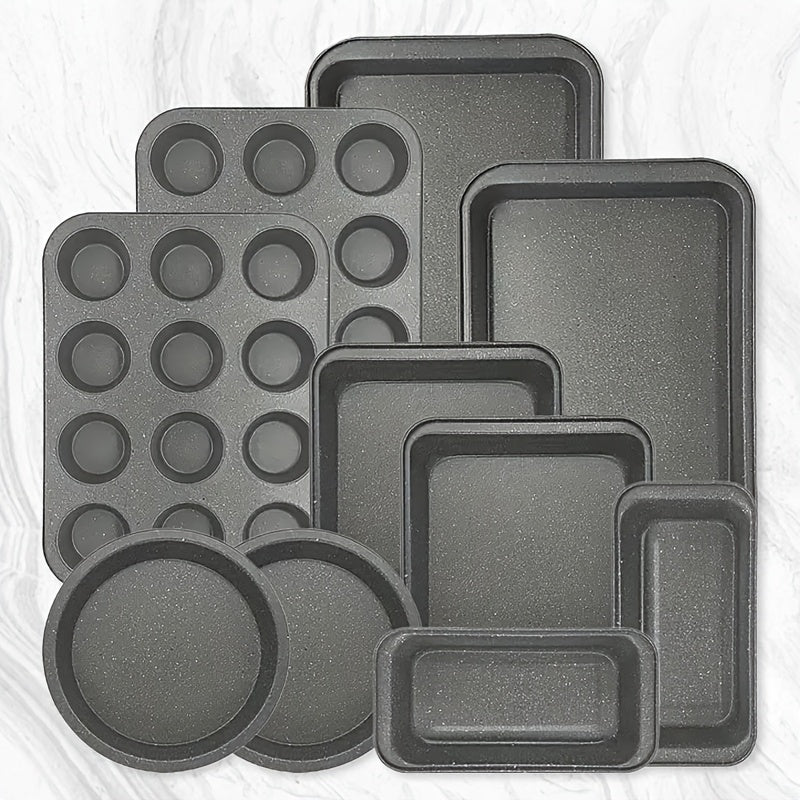 10pcs Nonstick Baking Pans Set Kitchen Baking Sheets for Oven, Bakeware Sets with Round/Square Cake Pan, Muffin Pan, Loaf Pan, Roast Pan, Cookie Sheet Set Baking Supplies Grey