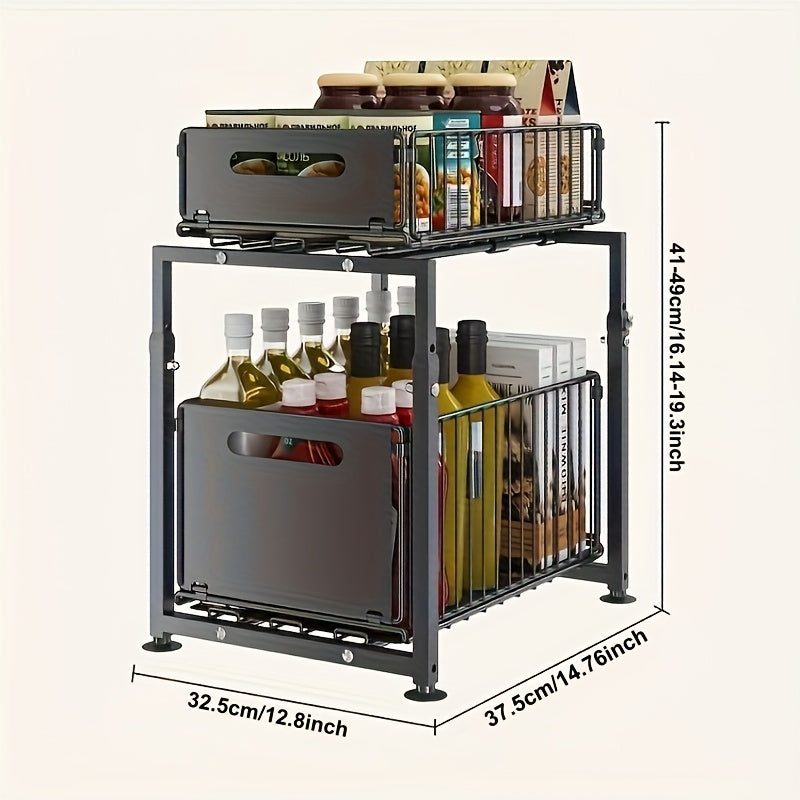 Two Level Pull Out Under Sink Organizer Carbon Steel For Kitchen Bath Storage