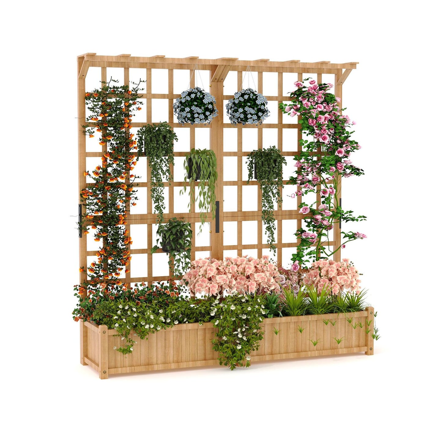 63-Inch Elevated Garden Bed With Lattice Trellis And Roof Heavy Duty Wood