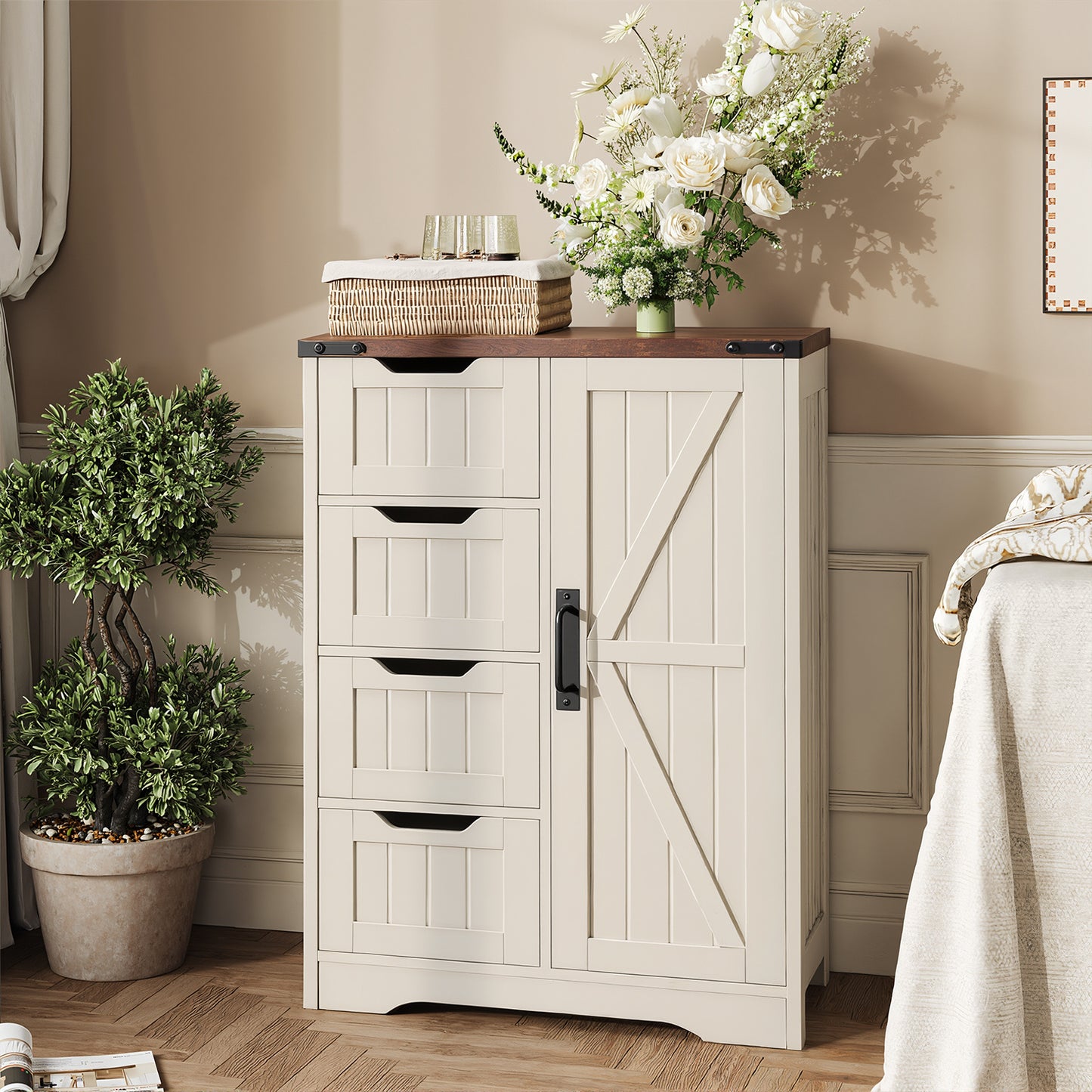 Farmhouse White Bathroom Storage Cabinet Freestanding With 4 Drawers And 1 Door