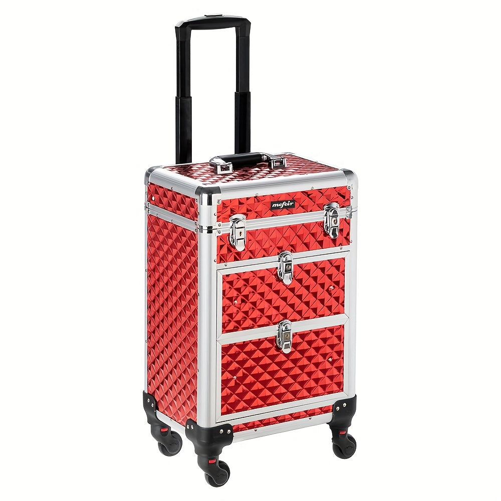 OMYSALON Aluminum Rolling Makeup Train Case Lockable 4 Wheels And 2 Drawers