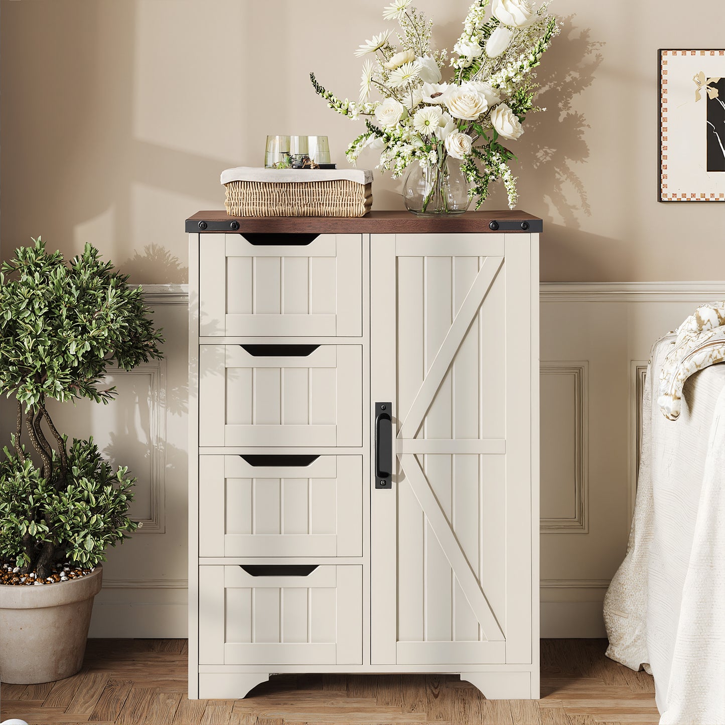 Farmhouse White Bathroom Storage Cabinet Freestanding With 4 Drawers And 1 Door