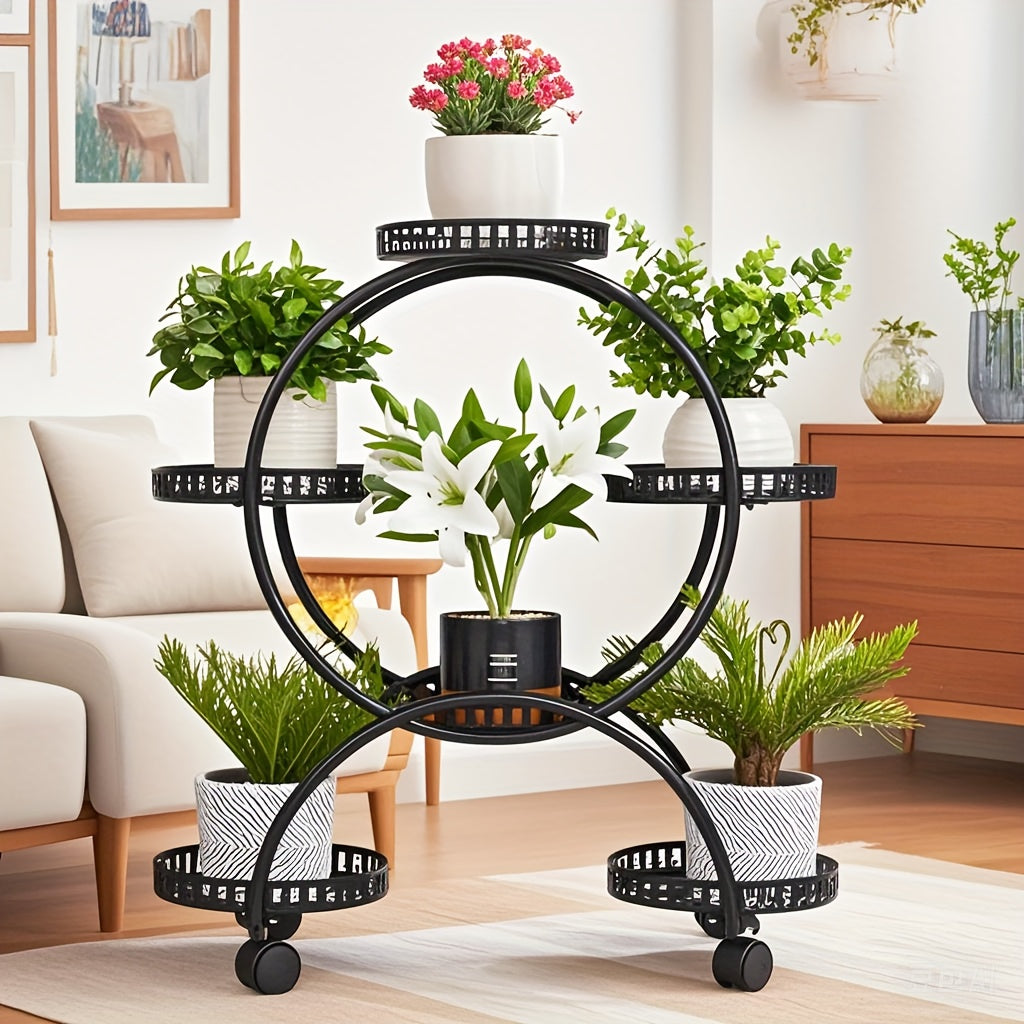 6 Pot Metal Plant Stand With Wheels Wrought Iron Garden Cart For Patio