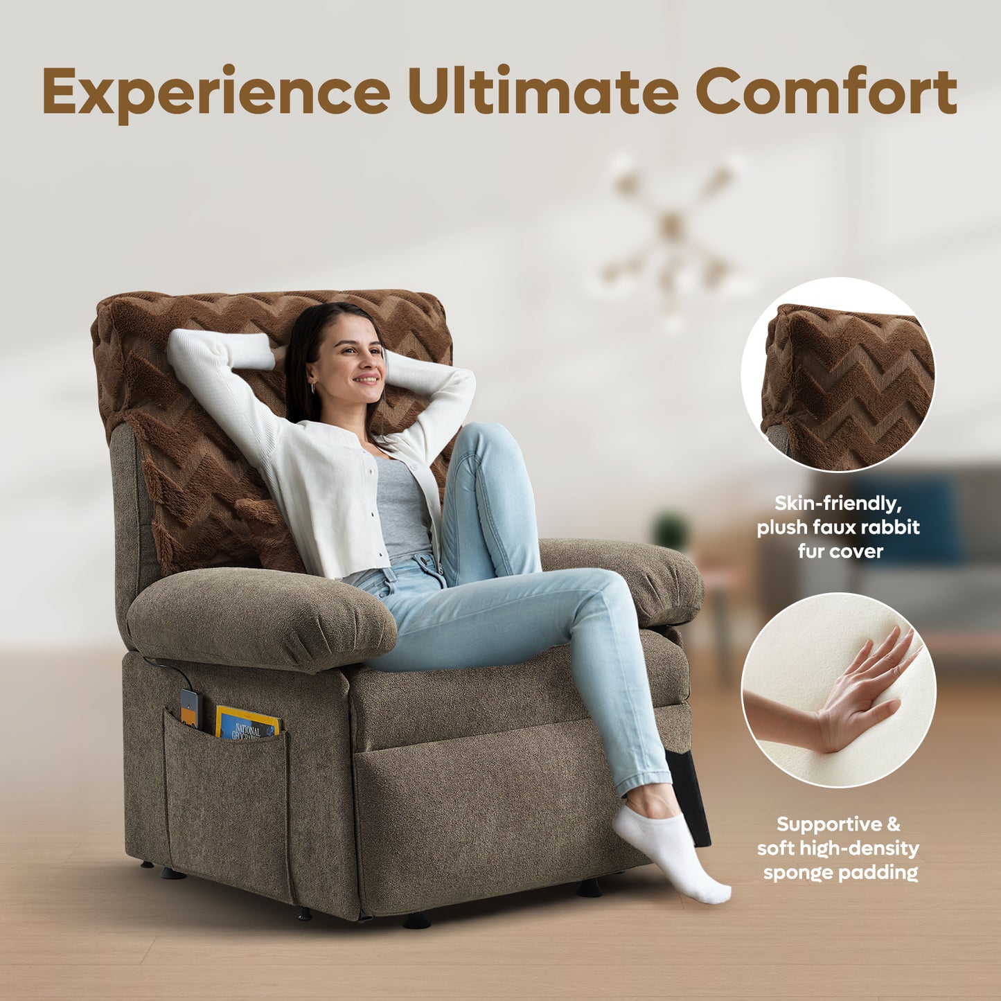 Triple Motor Power Lift Recliner Chair for Elderly Small with Removable Cover, Lumbar Pillow and Side Pocket, Infinite Positioning for Living Room, Bedroom