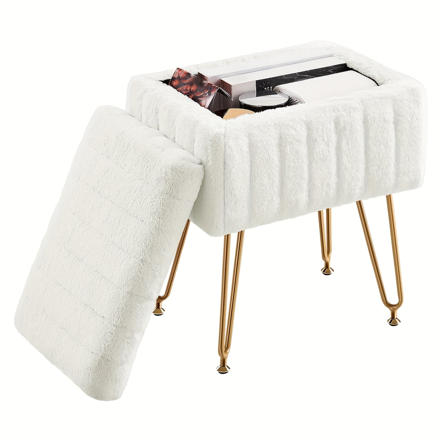 Vanity Chair With Storage Dual Purpose Makeup Stool Four Golden Metal Bases