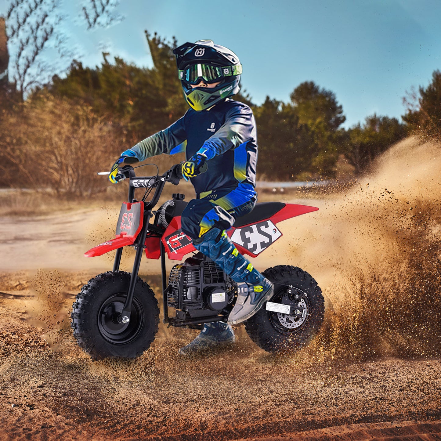 Mini Off-Road Dirt Bike, 49 CC 2-Stroke Gas Bike with Off-Rode Tire, Suspensions, Disc Brakes, Max Load 160Lbs, Max Speed 18Mph