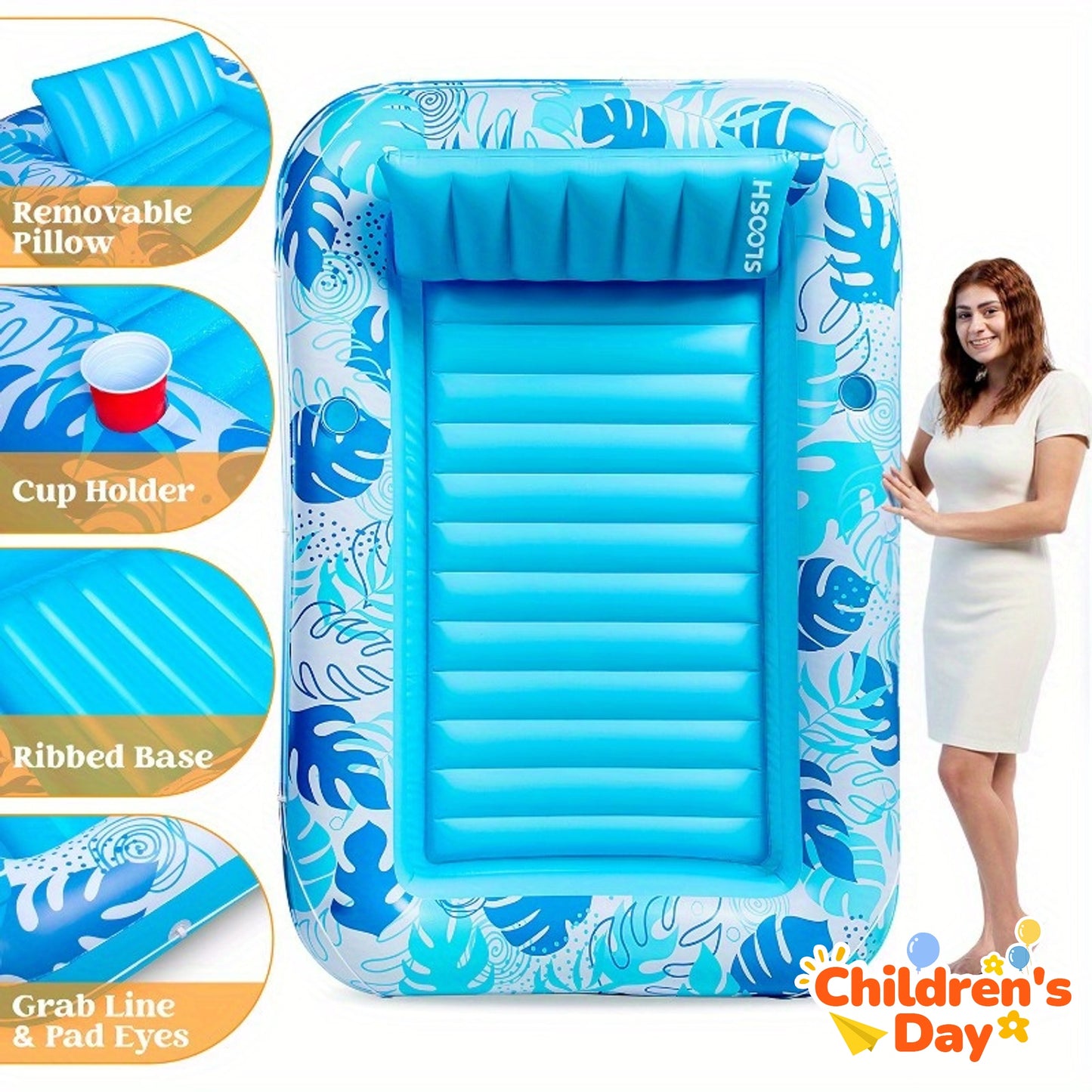 SYNCFUN Inflatable Tanning Pool Lounger Float, 70" x 46" Pool Floats Adult with Pillow, 4in 1 Suntan Tub Raft Floatie, Sunbathing Bed Lounge for Water Blow Up Kids Ball Pit Party Gifts, Party Packs, L-Blue