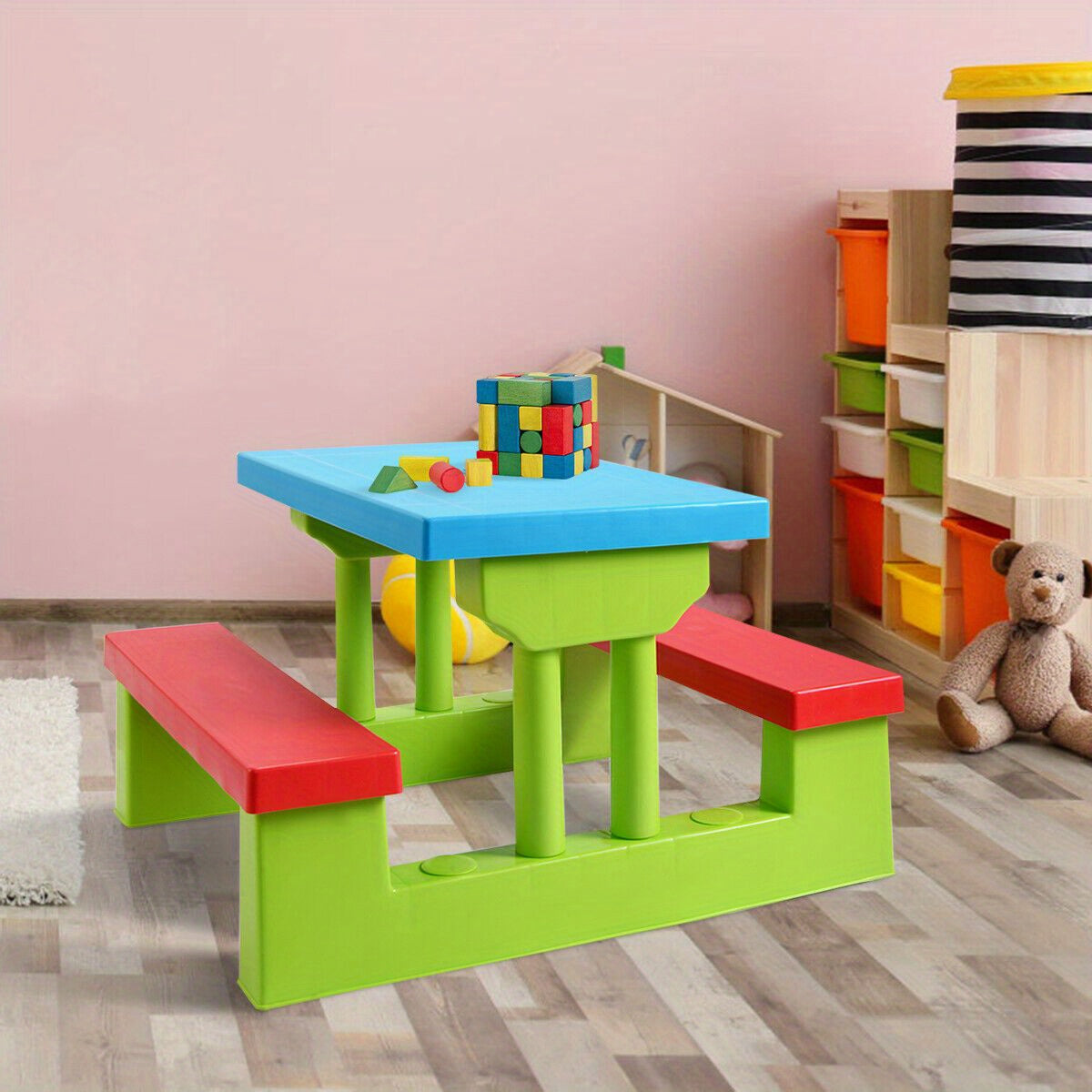 GYMAX Kids Picnic Table, Safe PP Table & Bench Set with Removable & Foldable Umbrella, Kids Activity Table Set Seat up to 4 Children for Backyard, Garden, Outdoors, Indoors., Portable Picnic Table, Picnic Table Foldable, Gard