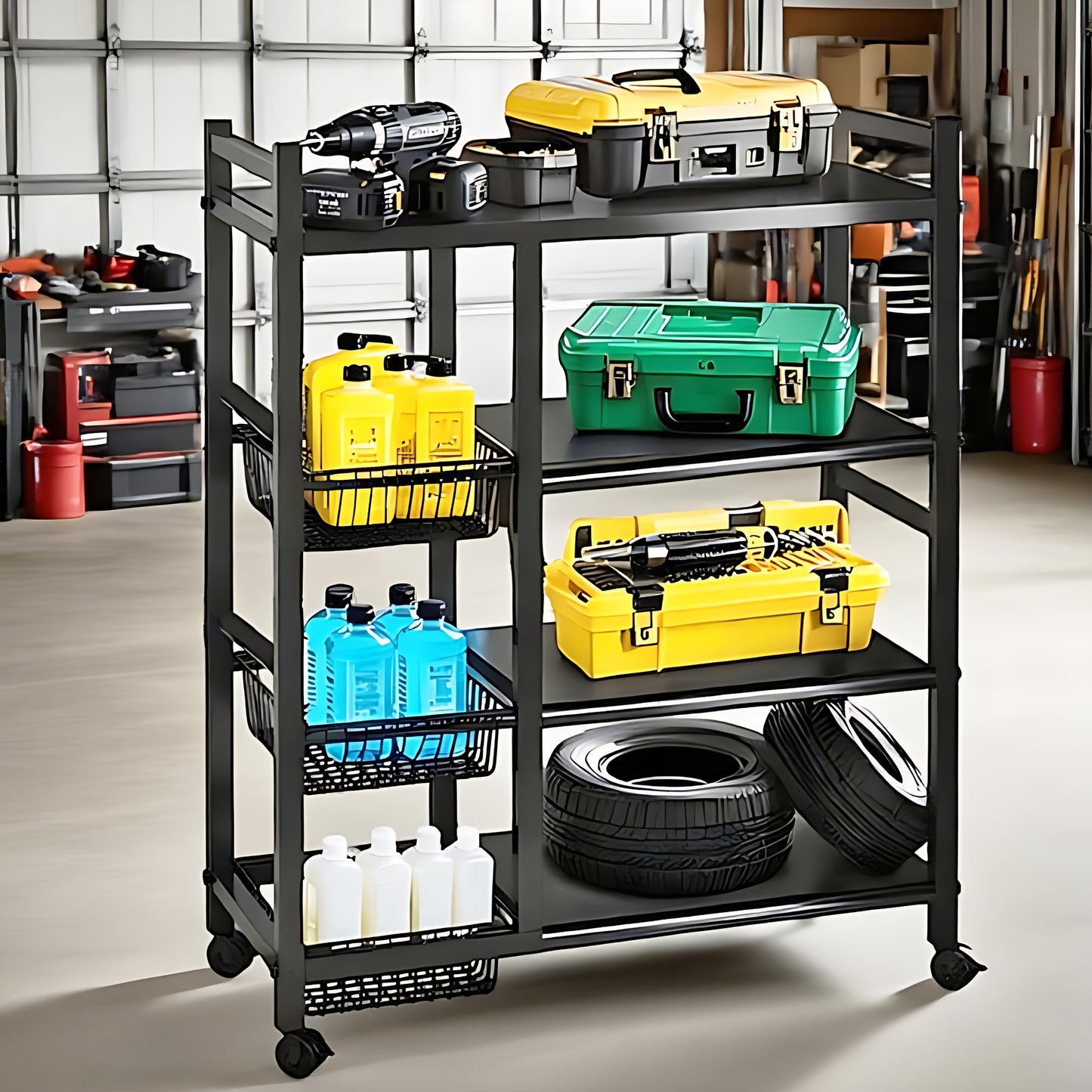 Wheeled Adjustable Storage Rack With Wire Bins For Garage