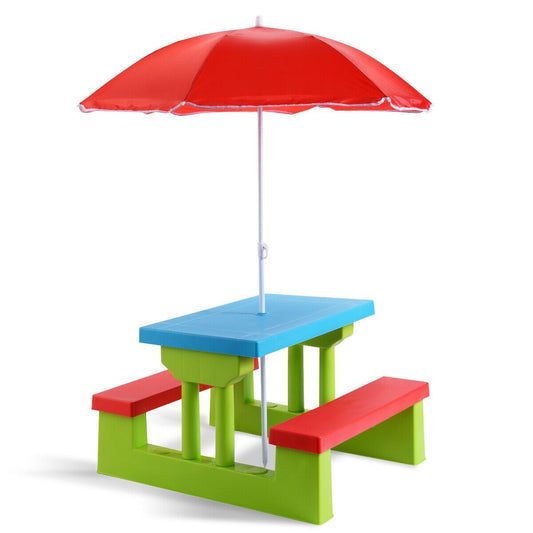 GYMAX Kids Picnic Table, Safe PP Table & Bench Set with Removable & Foldable Umbrella, Kids Activity Table Set Seat up to 4 Children for Backyard, Garden, Outdoors, Indoors., Portable Picnic Table, Picnic Table Foldable, Gard