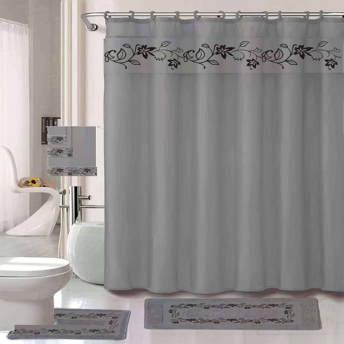 Shower Curtain Set With Embroidery And Non Slip Bath Rug Mats 3 Piece Towel Set