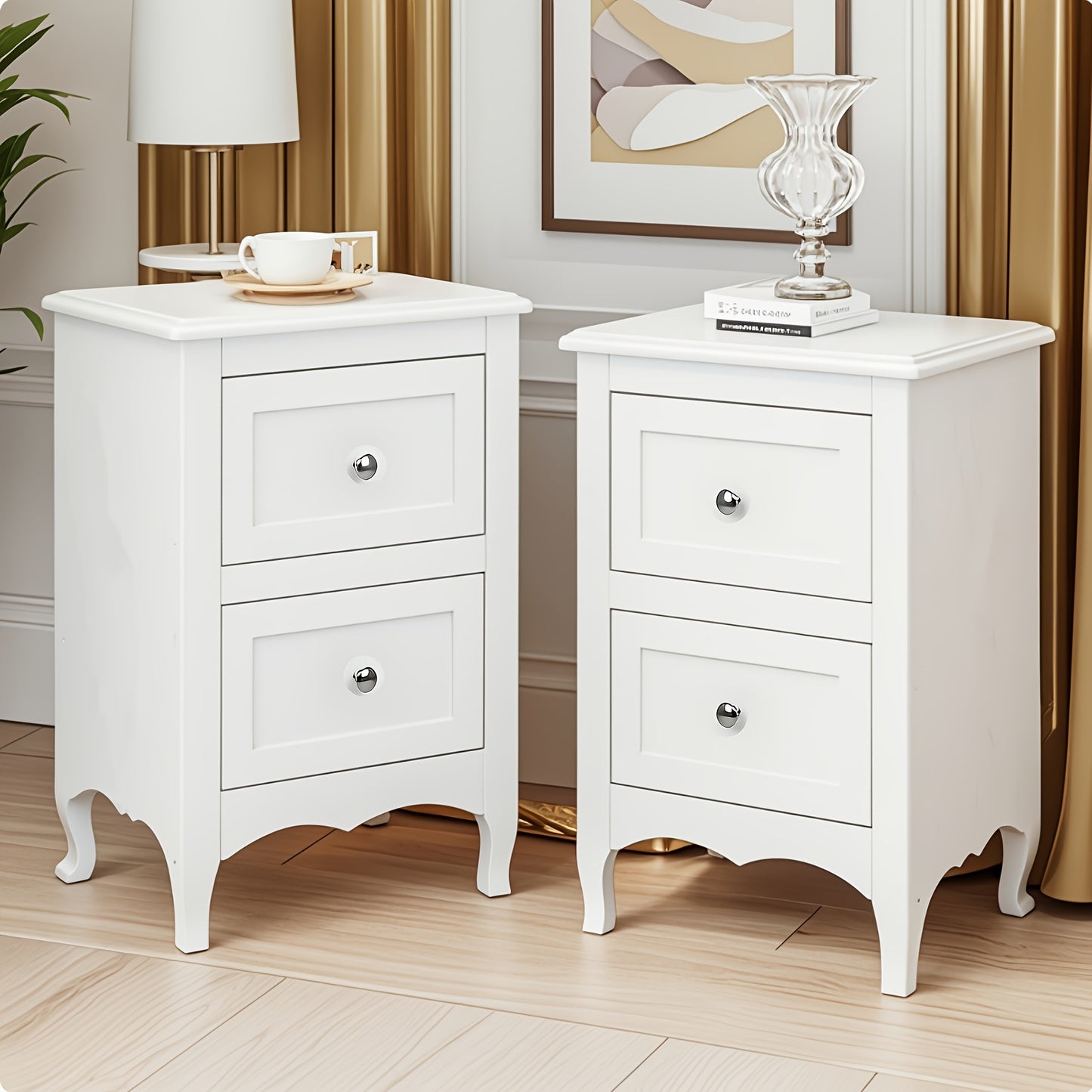 Pastoral Style Double Drawer Bedside Table Multicolor Painted Finish