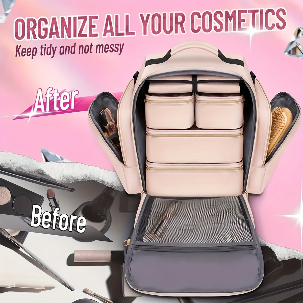 JIASLING Makeup Bag Organizer With 4 Removable Pouches And Jewelry Roll