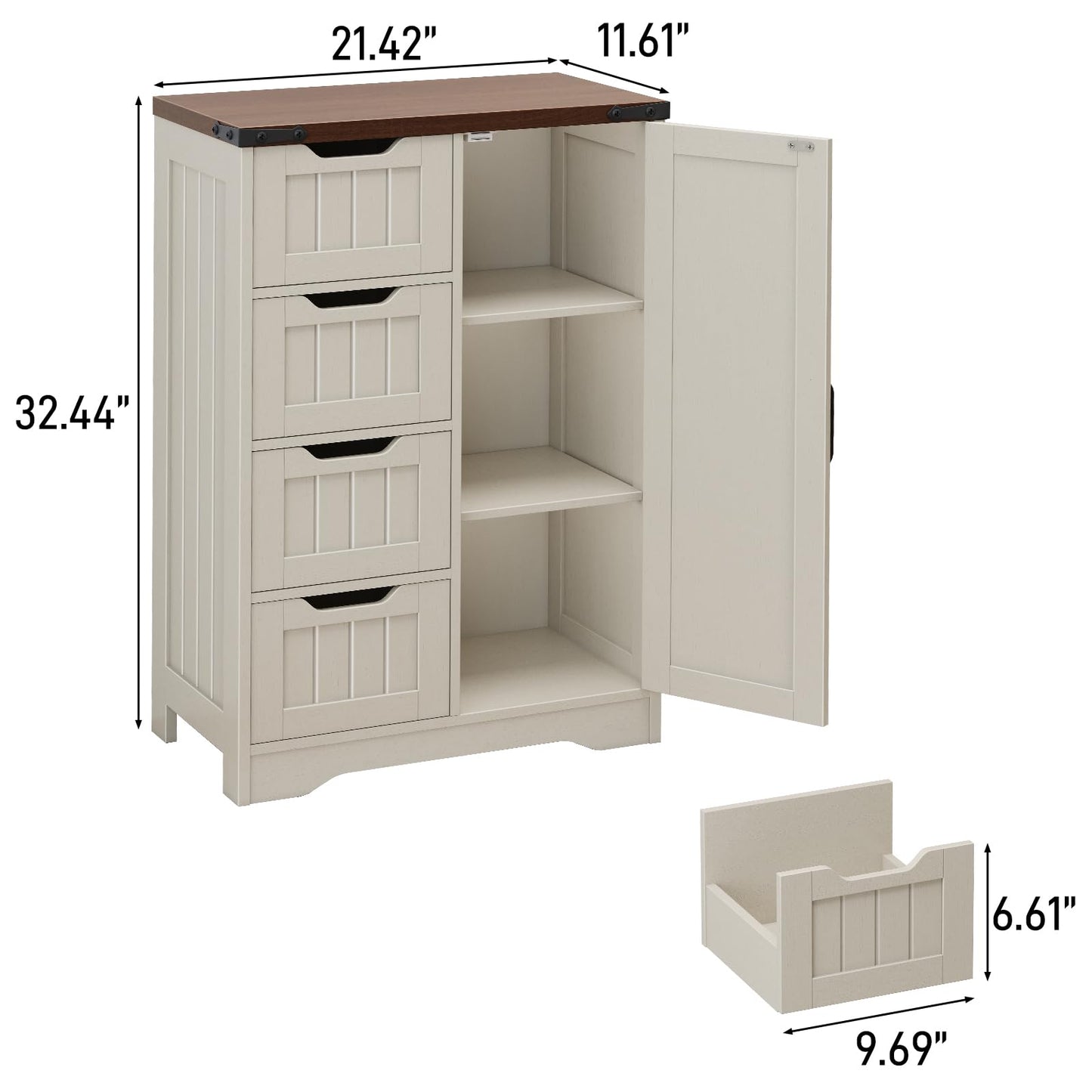 Farmhouse White Bathroom Storage Cabinet Freestanding With 4 Drawers And 1 Door