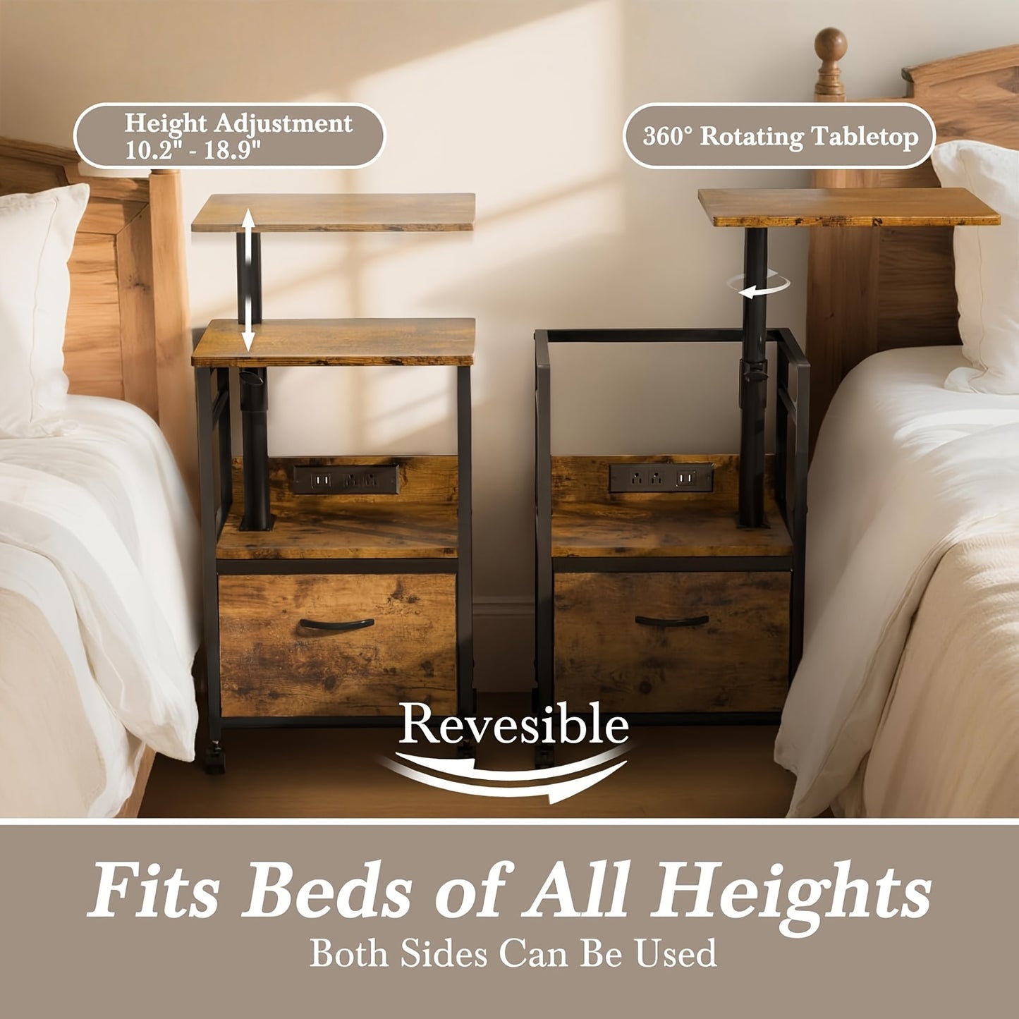 2 Tier Swivel Lift Top Nightstand With Charging Station And Wheels Rustic Brown