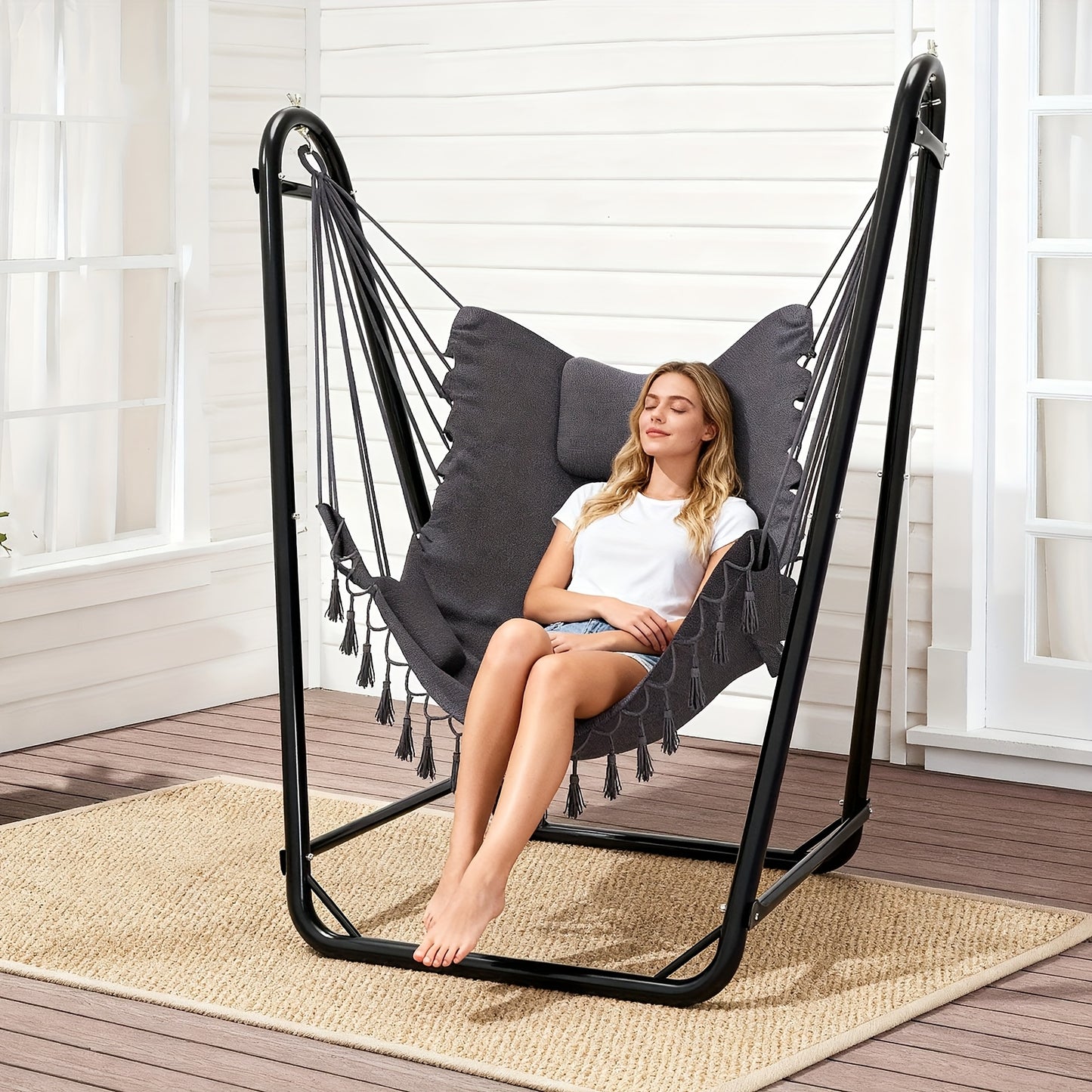 Hanging Lounge Chair With Side Pocket Double Tube Outdoor U Shaped Stand 350 Lbs