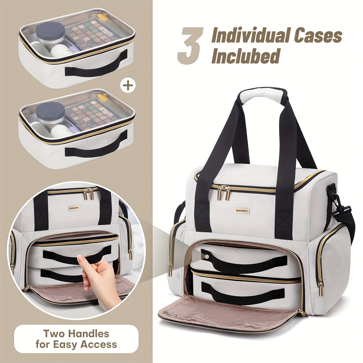 Large Makeup Cosmetic Bag With 2 Removable Cases Double Layer Travel Organizer