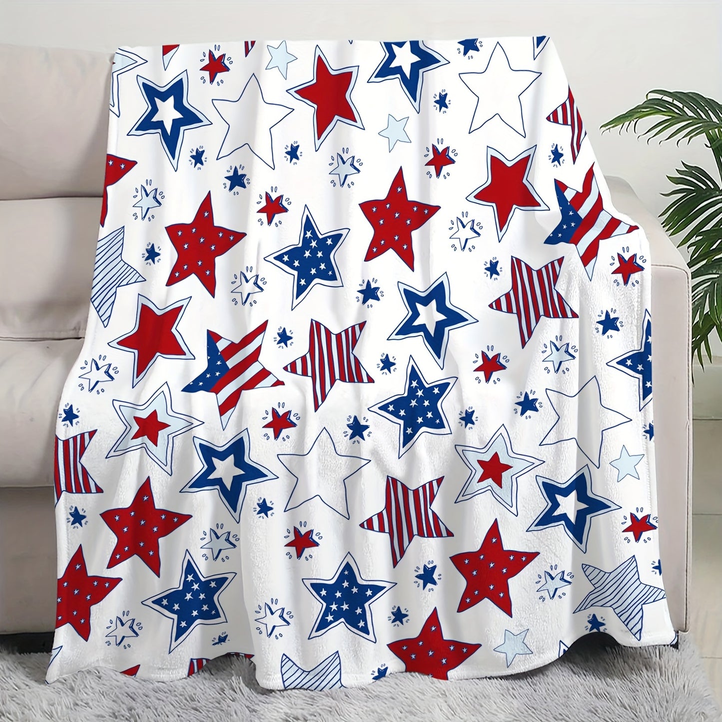 All-Season Patriotic Star Print Fleece Throw Blanket - Machine Washable Cozy Knitted Polyester, Red White & Blue American Flag Design, Soft Flannel Fabric for Home Office Decor, Indoor Outdoor Use, Fleece Blanket, Seasonal De