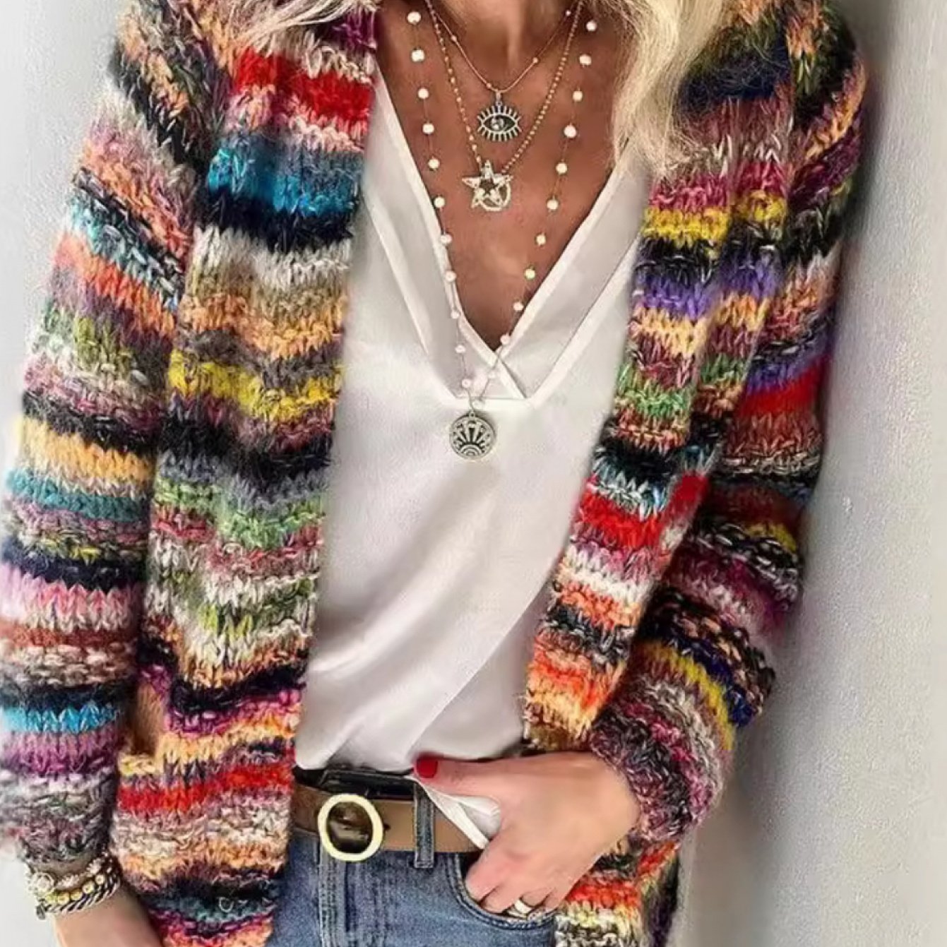 SCACTO Women Large Colorful Pattern Cardigan Open Front Y2K Style Knit Sweater
