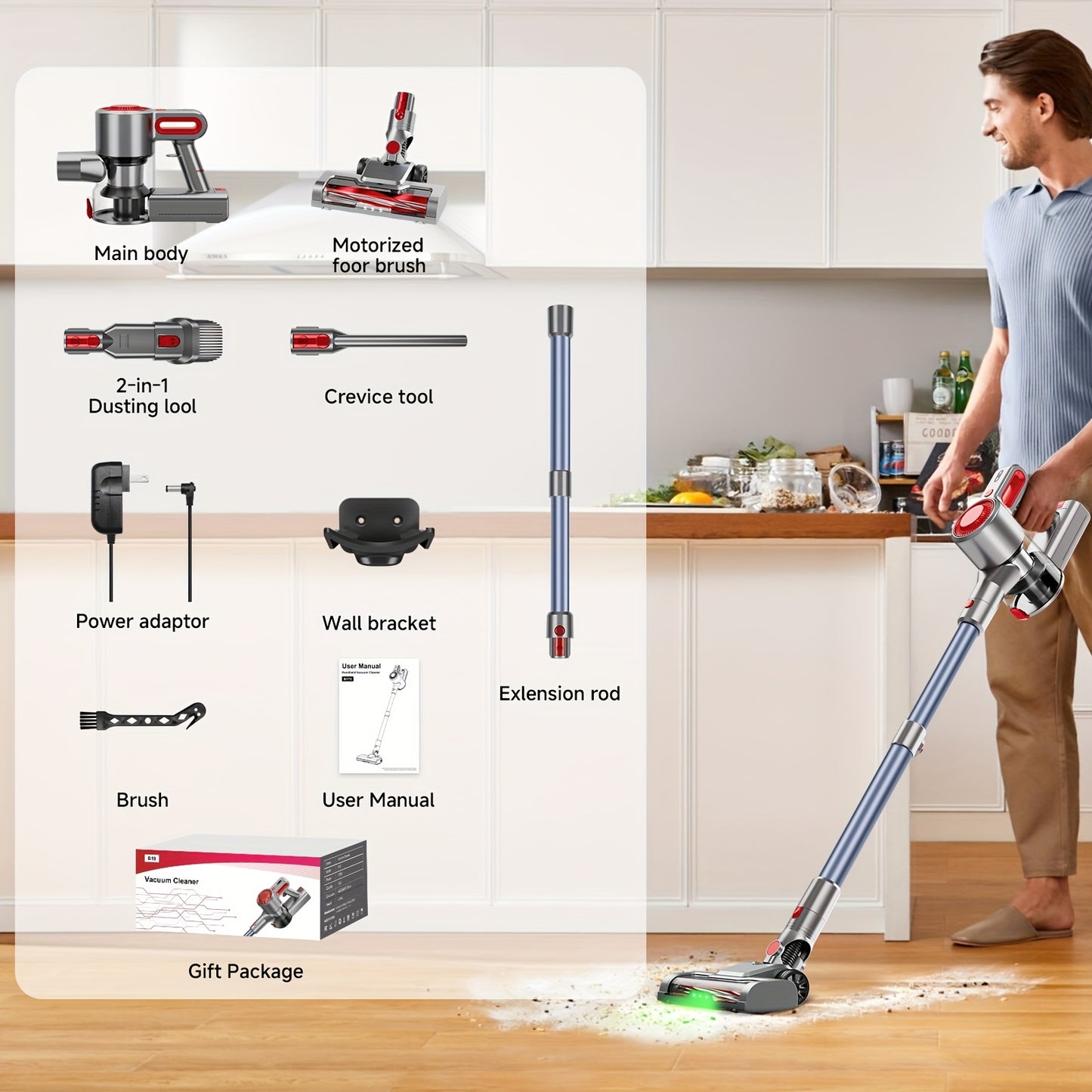 35-45 KPA Cordless Lightweight Vacuum Cleaner With Upgraded Green LED, Anti-tangle Brush, Removable Battery, Multiple Suction Levels, Up To 45 Minutes Of Battery Life, Women's Car Accessories, Vacuum Cleaner For Carpets, Pet