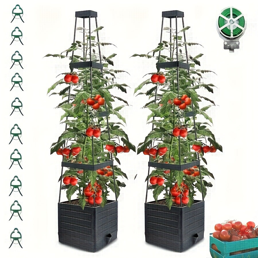 2 Pack 57 Inch Plastic Raised Garden Bed Tomato Planter With Trellis Indoor Outdoor