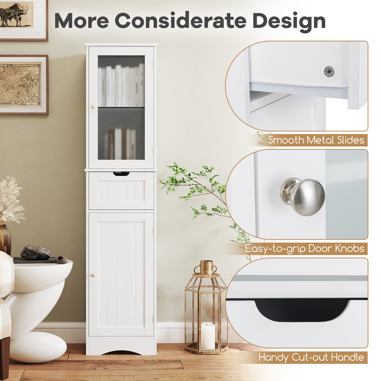 COSTWAY Tall Bathroom Cabinet With Glass Door And Adjustable Shelves