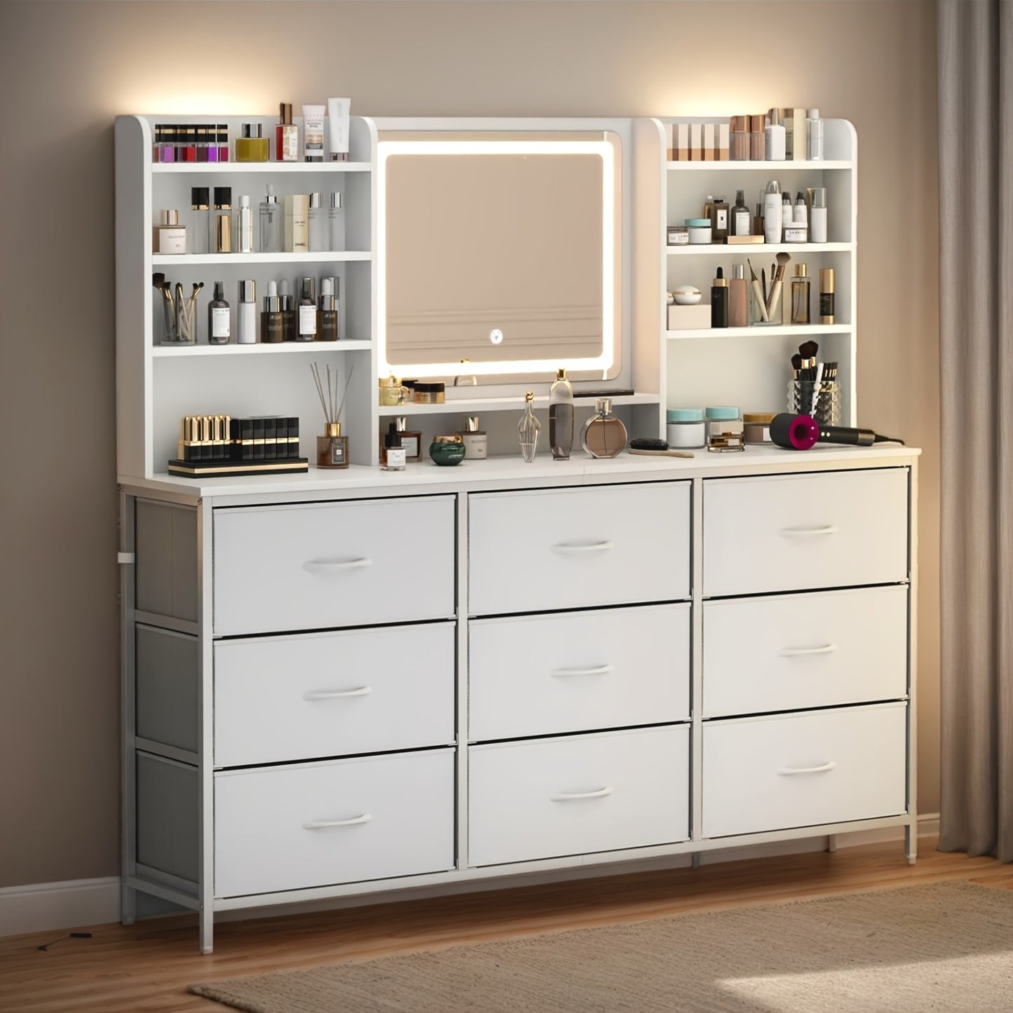 Makeup Vanity With Mirror 9 Fabric Drawers 8 Shelves 3 Lighting Colors White