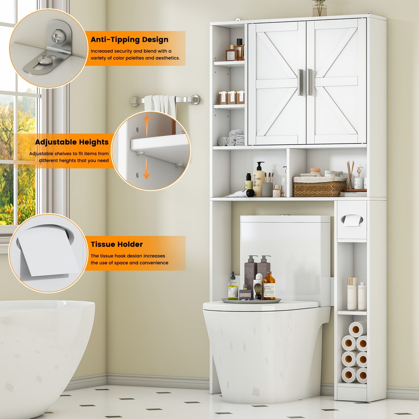 Over Toilet Storage Cabinet Farmhouse Two Barn Doors Toilet Paper Holder White