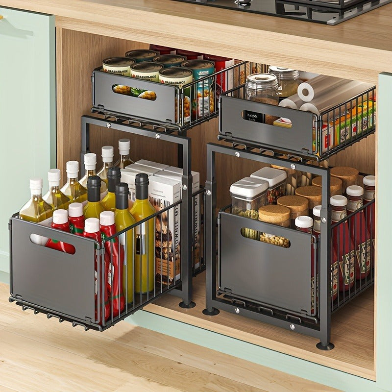 Two Level Pull Out Under Sink Organizer Carbon Steel For Kitchen Bath Storage