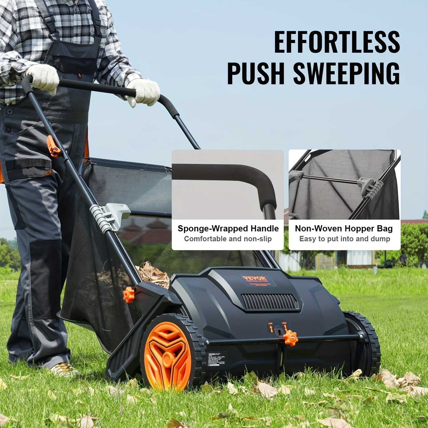 VEVOR Push Lawn Sweeper 21 Inch Leaf And Grass Collector 3.5 CuFt Hopper Brushes