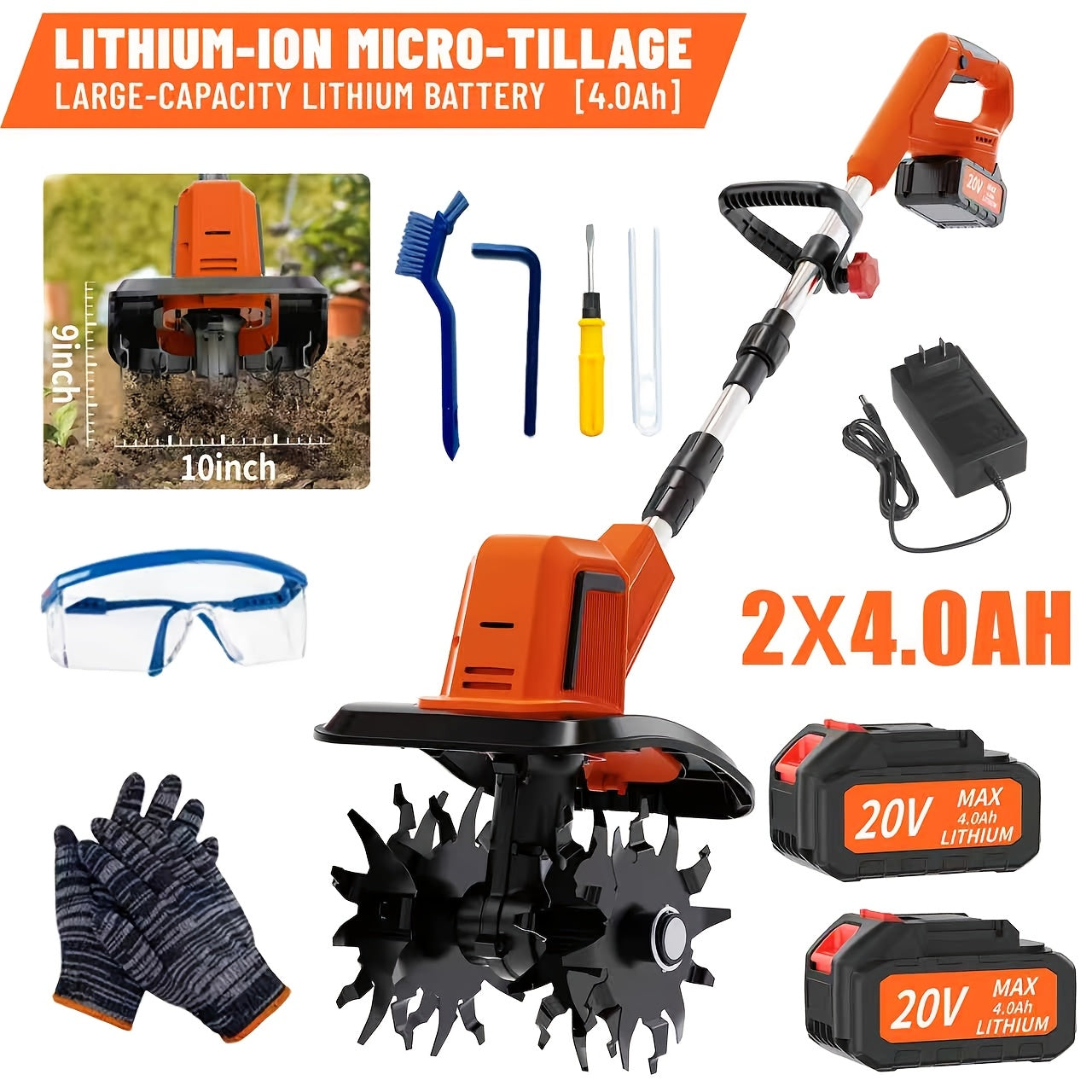 Cordless 20V Garden Tiller Rotary 9 Inch 360 RPM Portable