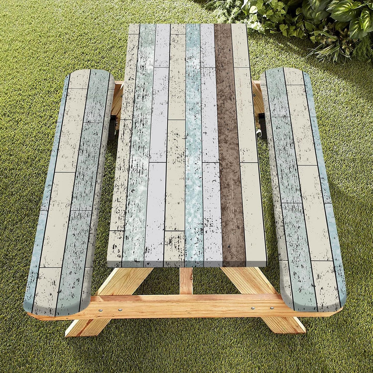 [3pcs Picnic Table Covers] 3pcs Elastic Fit Rectangular Polyester Picnic Table Covers | Blue, White, and Gray Tablecloths for Outdoor Camping and Farmhouse Style | Durable Tablecloth, Outdoor Dining Cover